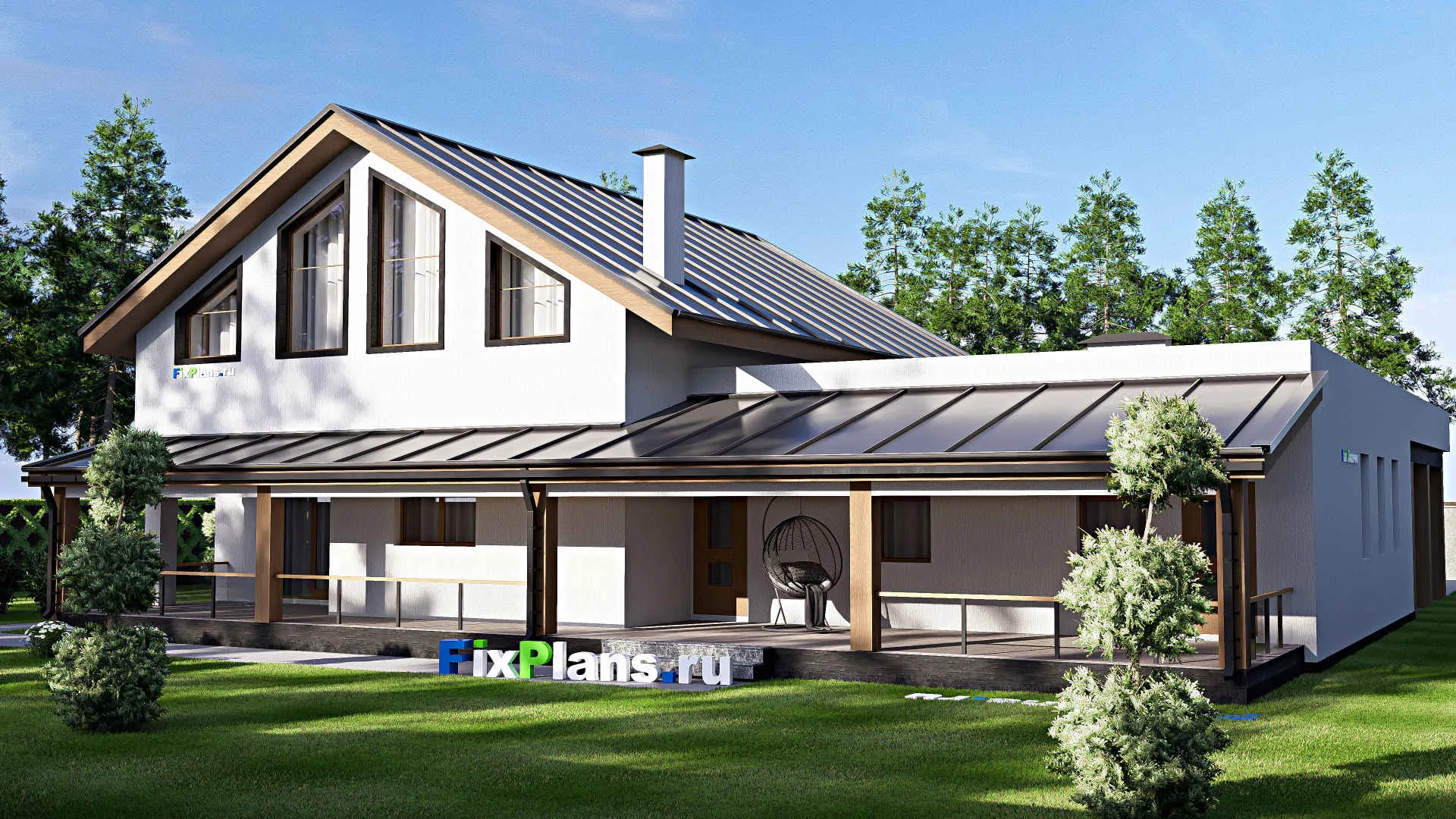 F-17900 - Проект дома с мансардой 21 на 24, площадью 380 м² с террасой, гаражом на 2 машины и 2 спальнями