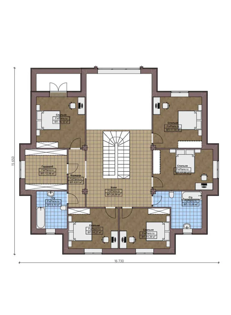 F-2717 - Планы двухэтажного дома 16 на 17, площадью 380 м² с террасой и 7 спальнями