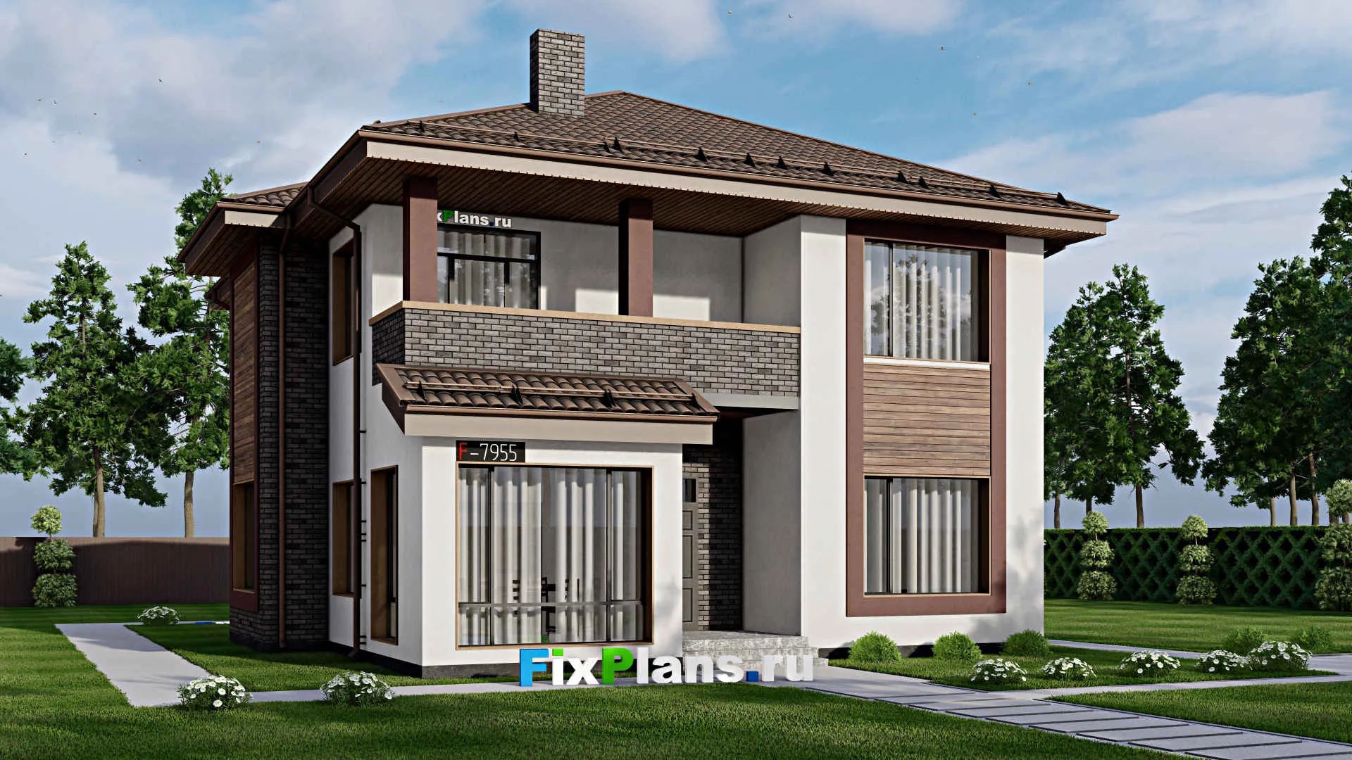 F-7955 - Проект двухэтажного дома 14 на 15, площадью 270 м² с террасой, балконом и 4 спальнями