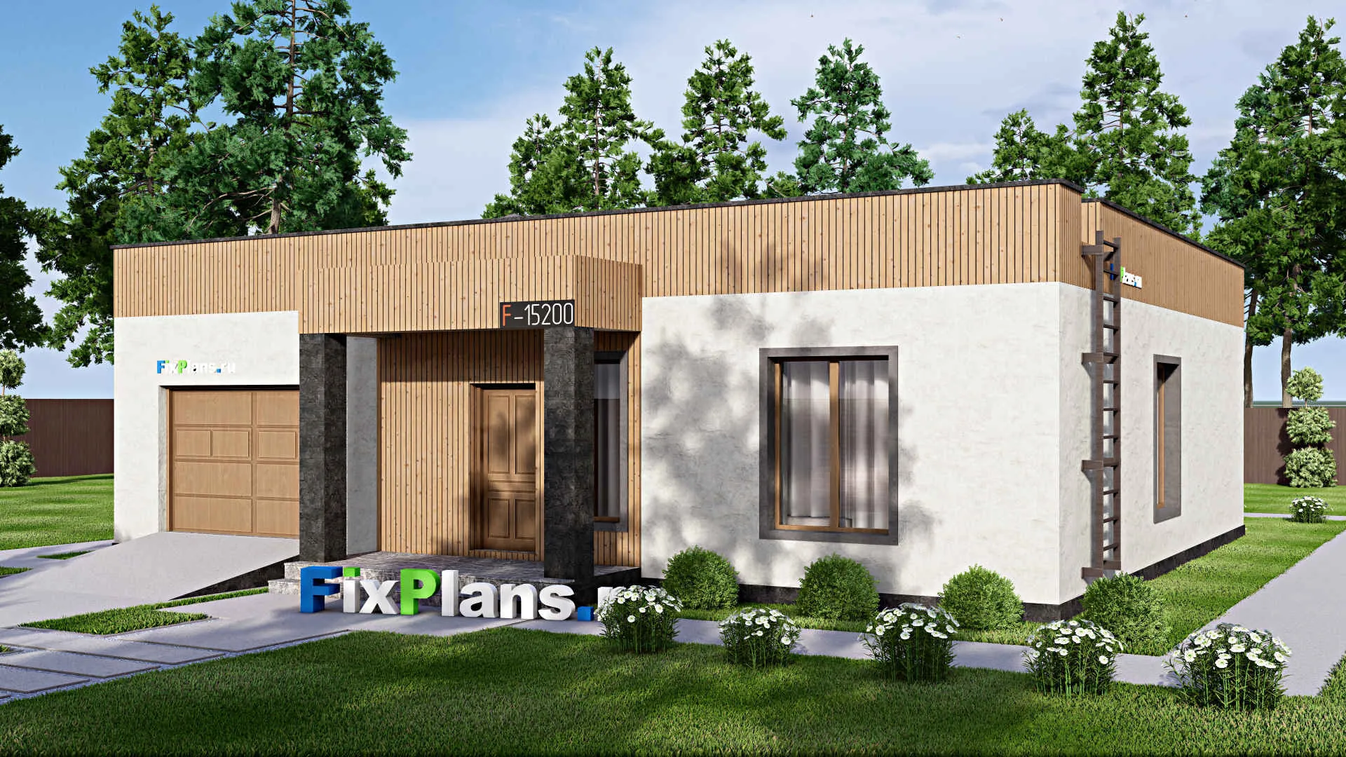 F-15200 - Проект одноэтажного дома 14 на 17, площадью 150 м² с террасой, гаражом на 1 машину и 4 спальнями