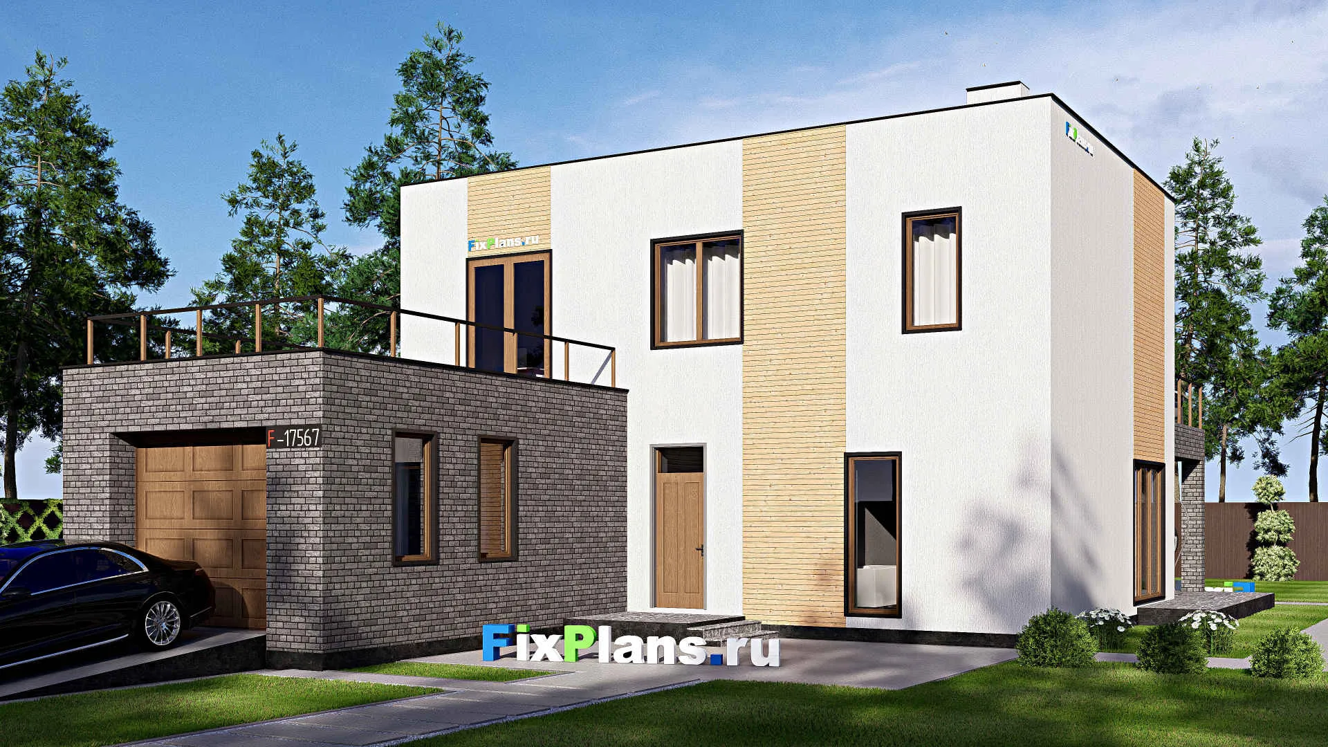 F-17567 - Проект двухэтажного дома 14 на 20, площадью 310 м² с террасой, балконом, гаражом на 1 машину и 2 спальнями