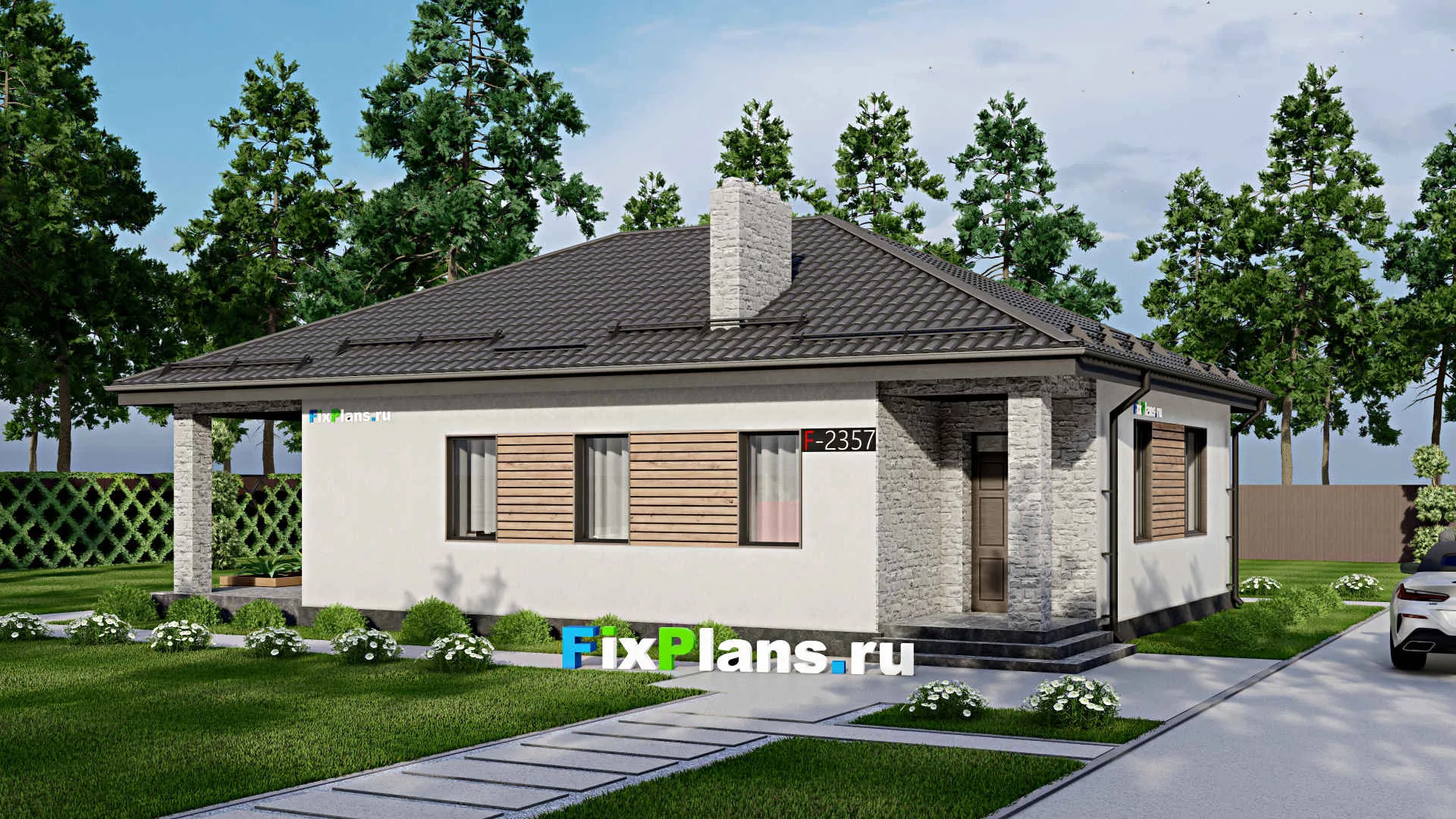 F-2357 - Проект одноэтажного дома 11 на 15, площадью 120 м² с террасой и 1 спальнями