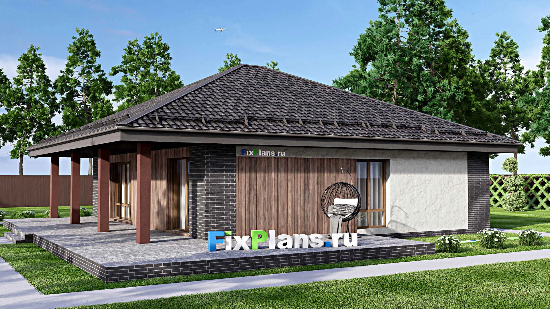 F-14570 - Проект одноэтажного дома 17 на 17, площадью 220 м² с террасой и 2 спальнями