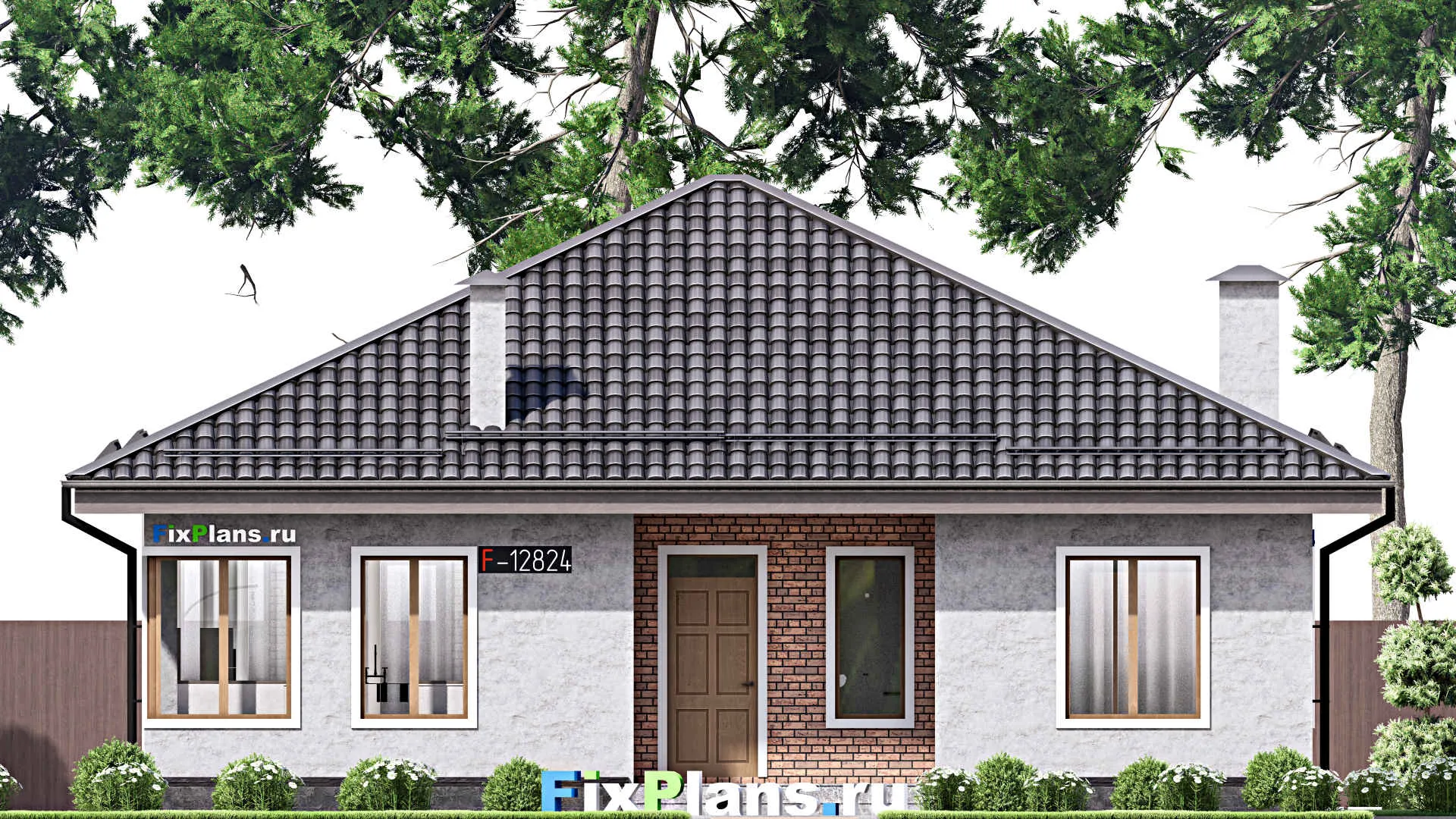 F-12824 - Проект одноэтажного дома 13 на 13, площадью 130 м² с террасой и 3 спальнями