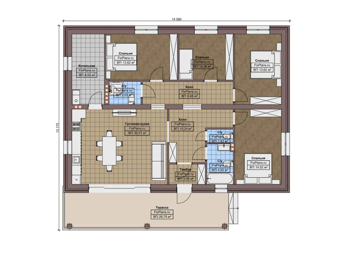 F-9881 - План одноэтажного дома 14 на 15, площадью 150 м² с террасой и 4 спальнями