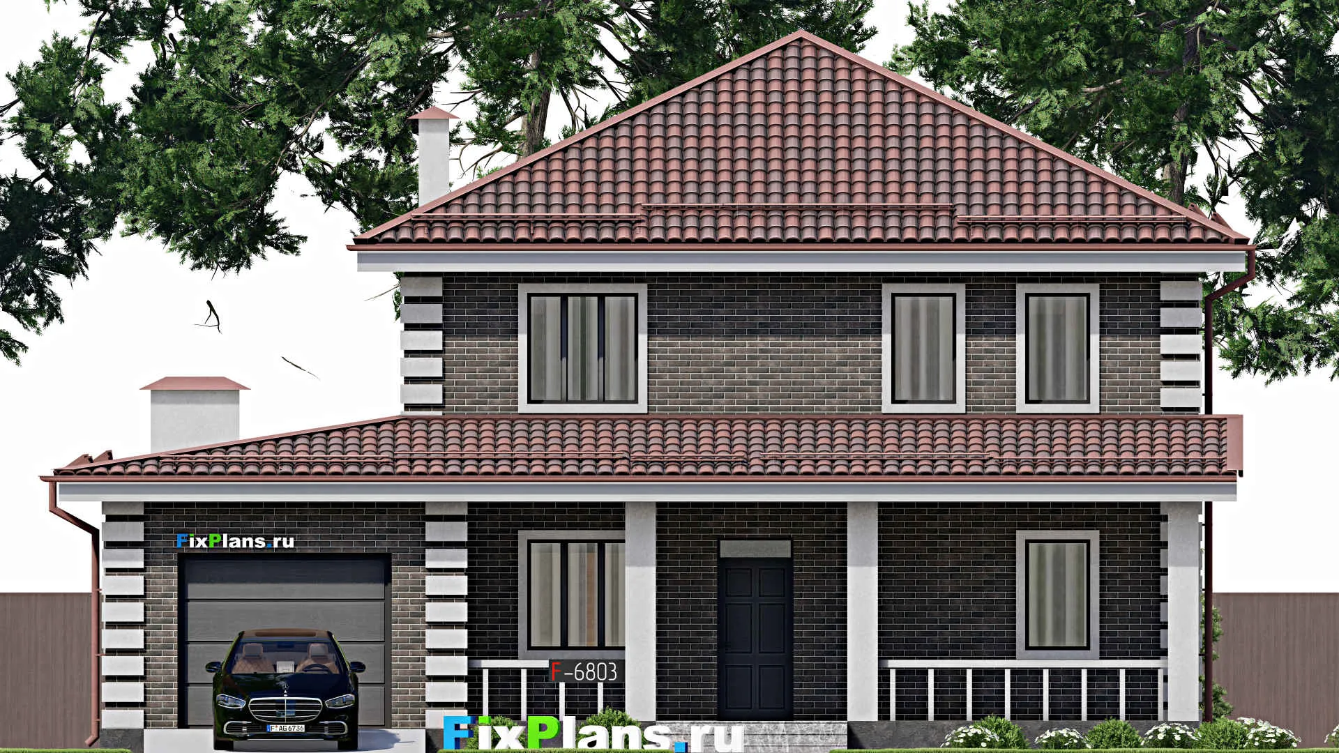 F-6803 - Проект двухэтажного дома 15 на 16, площадью 250 м² с террасой, гаражом на 1 машину и 4 спальнями