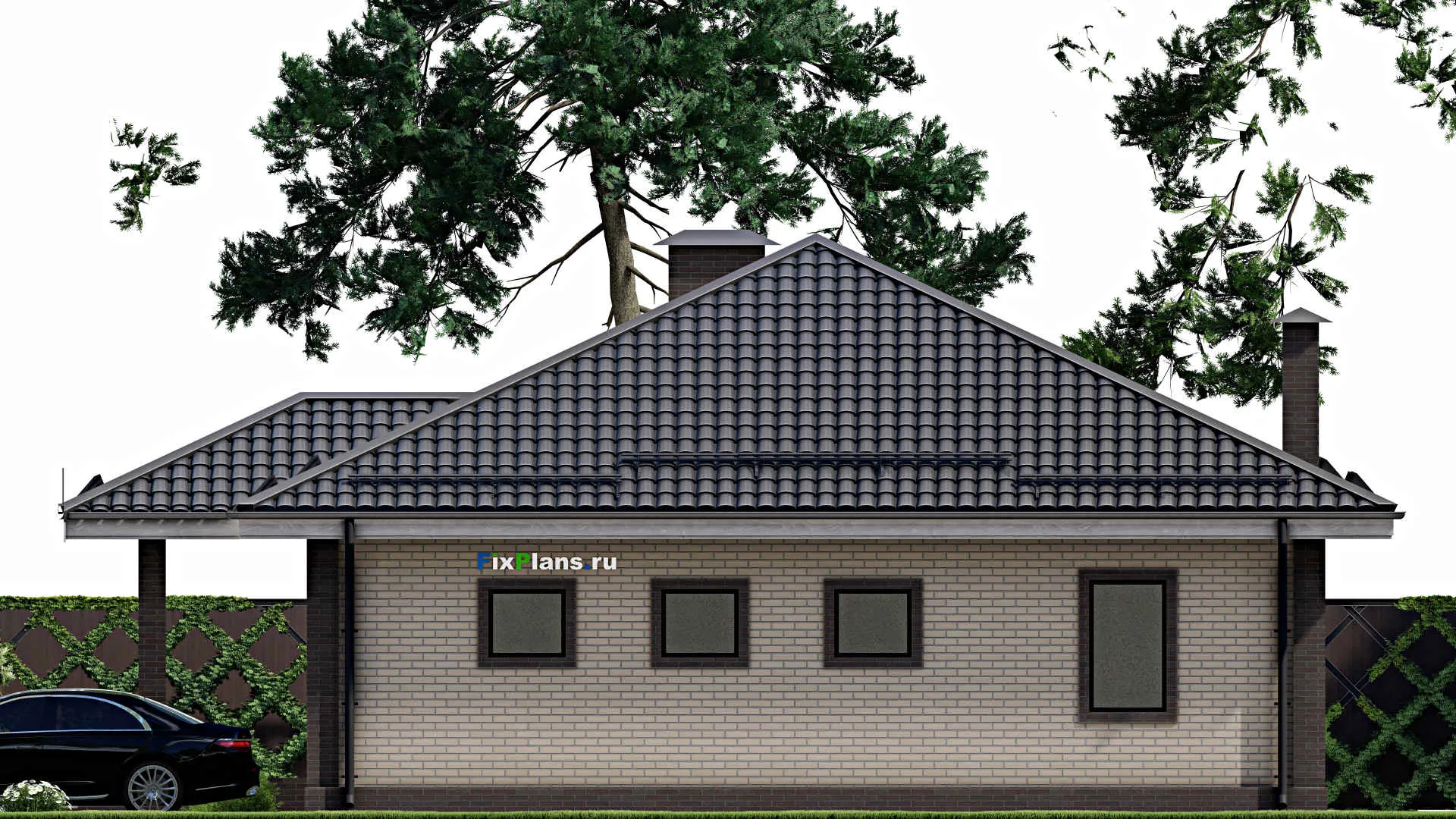 F-4679 - Проект одноэтажного дома 12 на 17, площадью 160 м² с гаражом на 1 машину и 2 спальнями