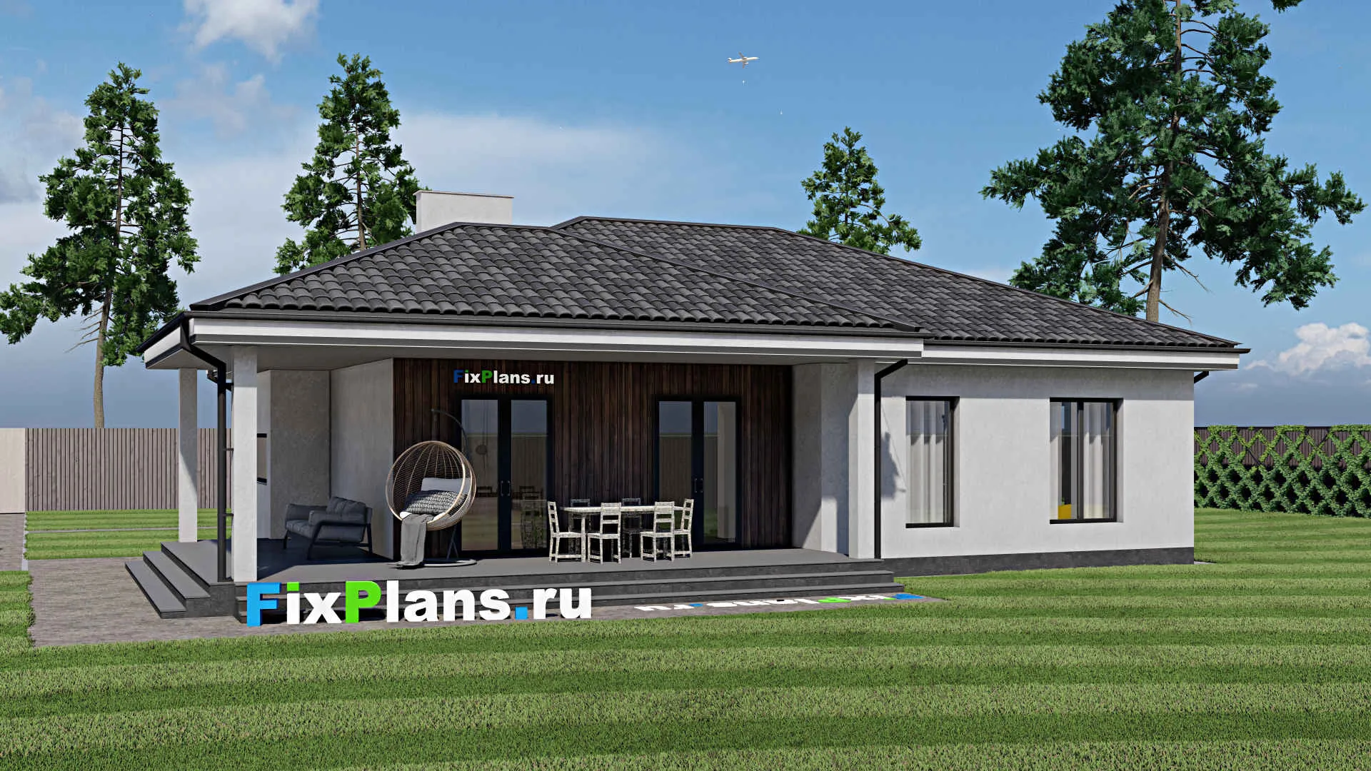 F-1430 - Проект одноэтажного дома 11 на 15, площадью 150 м² с террасой и 2 спальнями