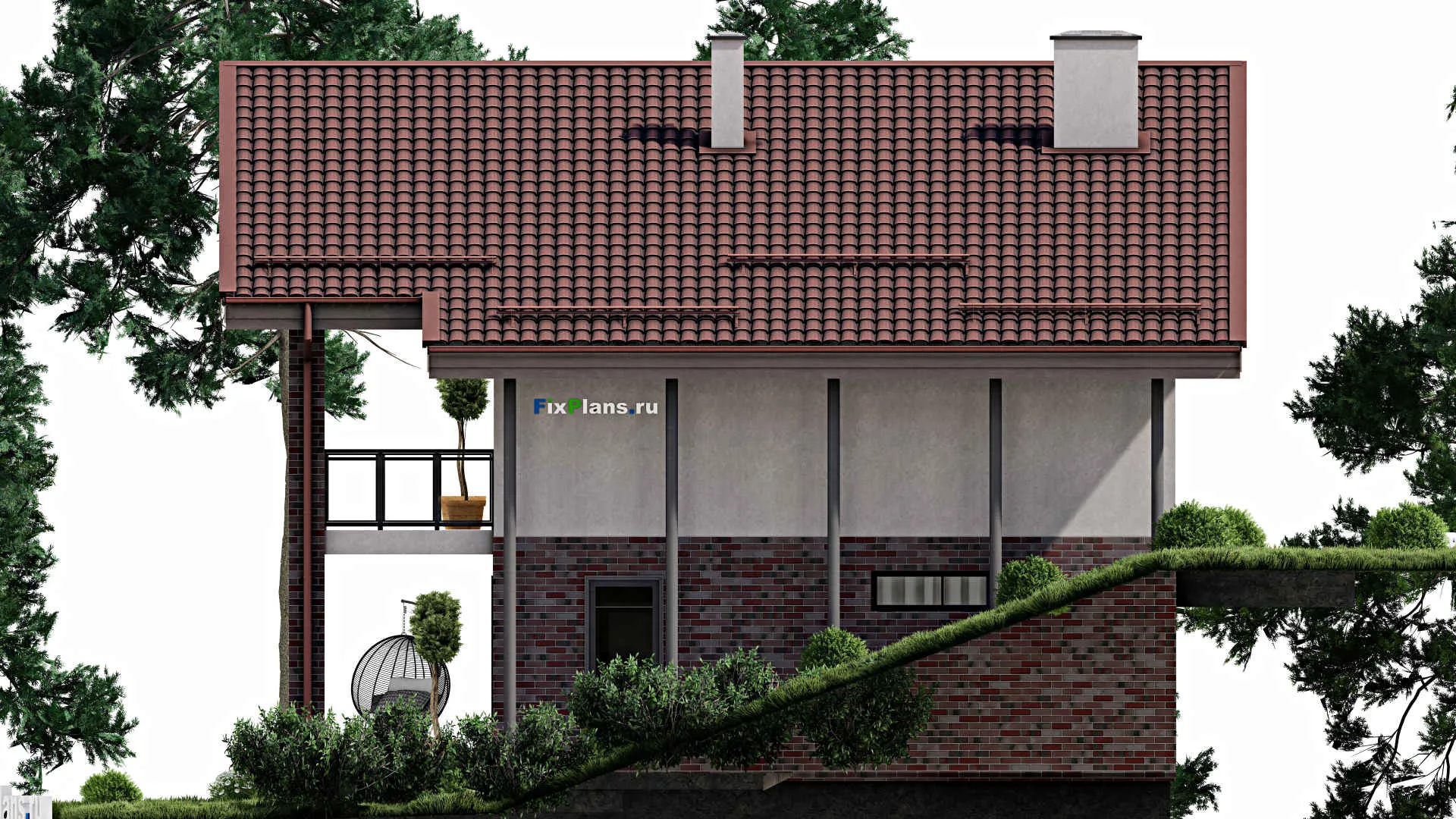 F-2033 - Проект одноэтажного дома 11 на 15, площадью 190 м² с террасой, цокольным этажом и 3 спальнями