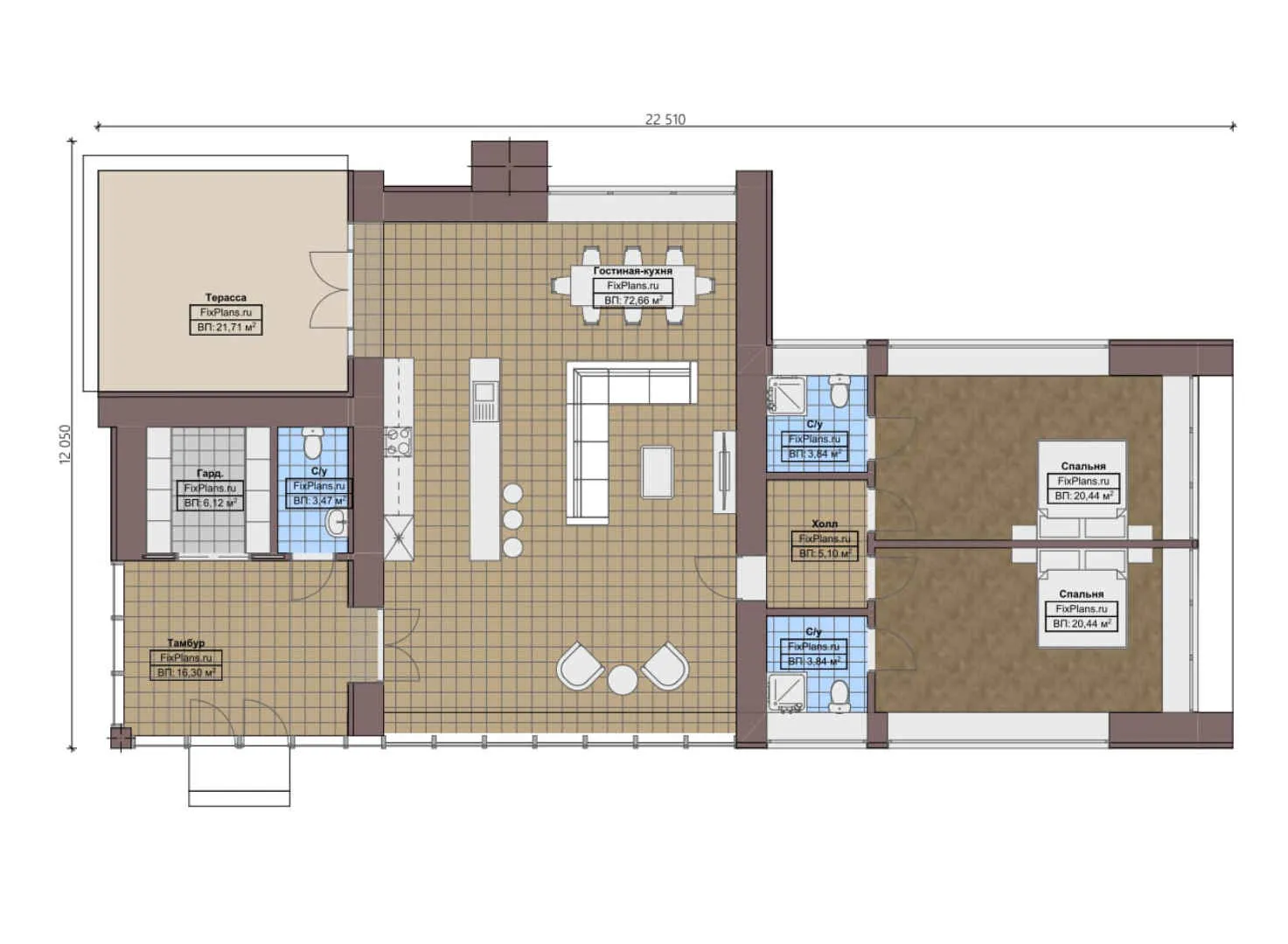 F-0377 - План одноэтажного дома 13 на 23, площадью 180 м² с террасой и 2 спальнями