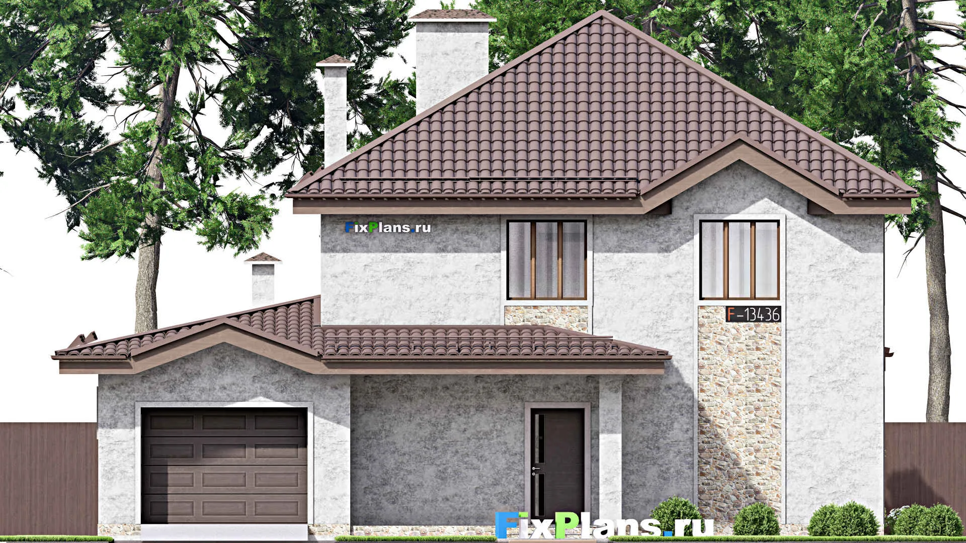 F-13436 - Планы двухэтажного дома 14 на 15, площадью 210 м² с террасой, баней, гаражом на 1 машину и 3 спальнями