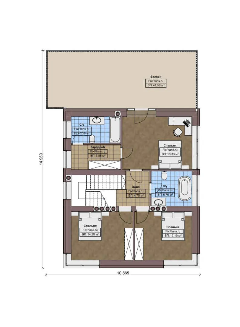 F-5309 - Планы двухэтажного дома 11 на 17, площадью 250 м² с террасой, балконом и 4 спальнями