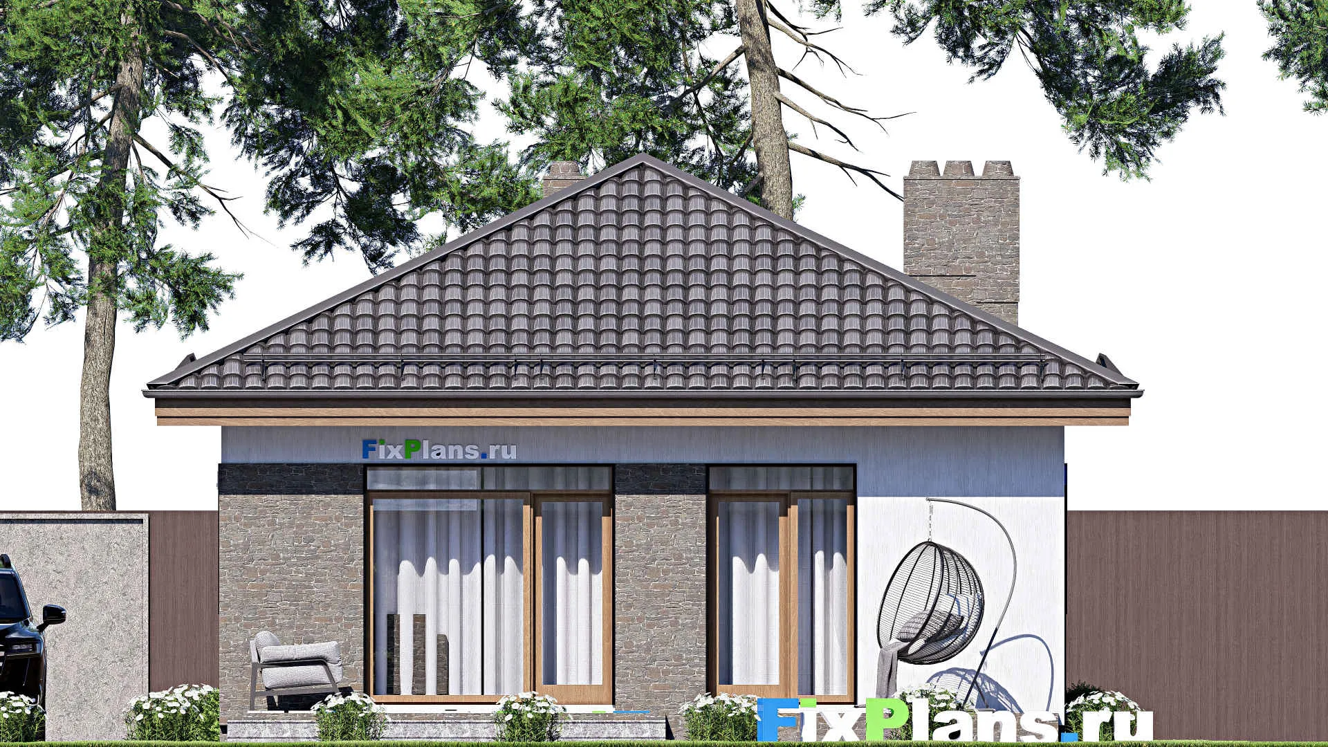 F-16442 - План одноэтажного дома 9 на 15, площадью 90 м² с террасой и 1 спальнями