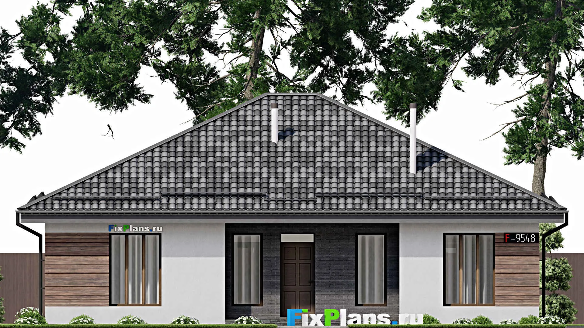 F-9548 - Проект одноэтажного дома 13 на 15, площадью 150 м² с террасой и 2 спальнями
