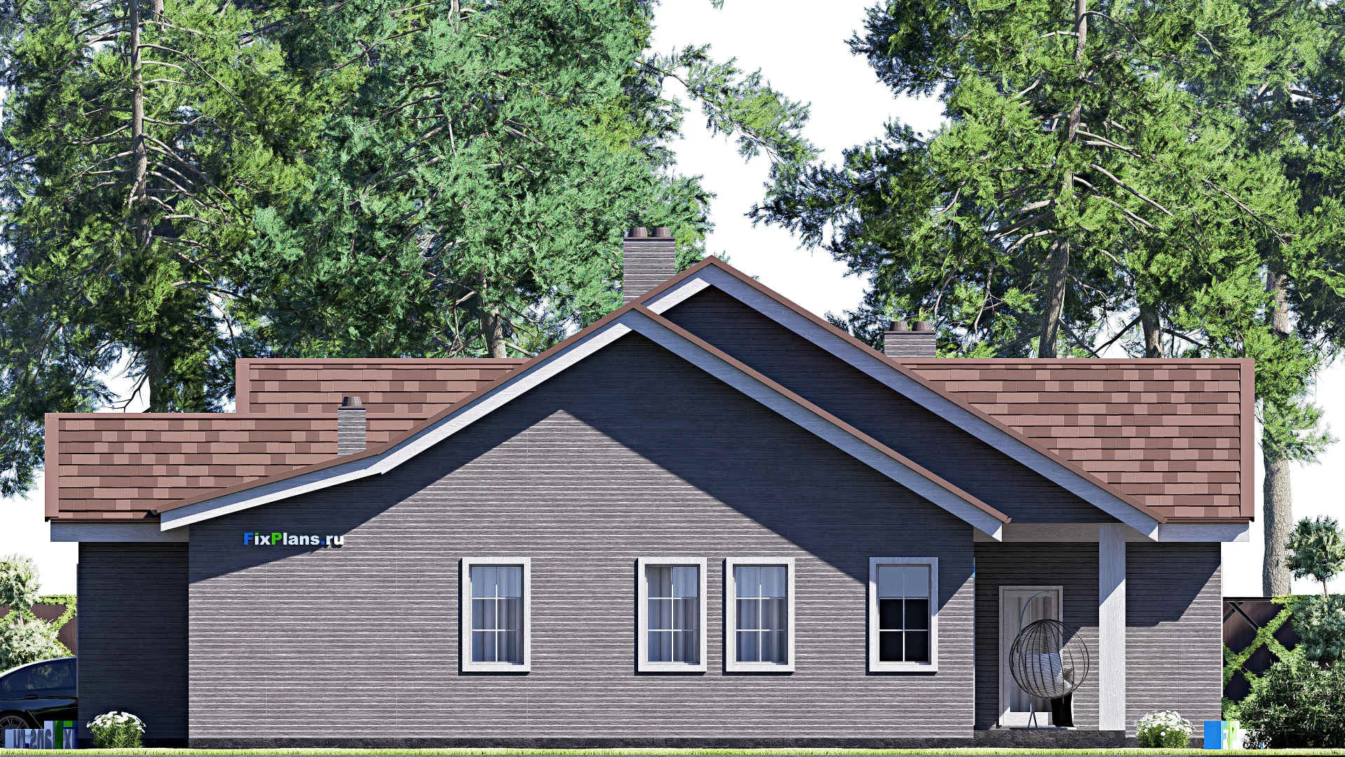 F-17117 - План одноэтажного дома 18 на 23, площадью 270 м² с террасой, гаражом на 2 машины и 4 спальнями