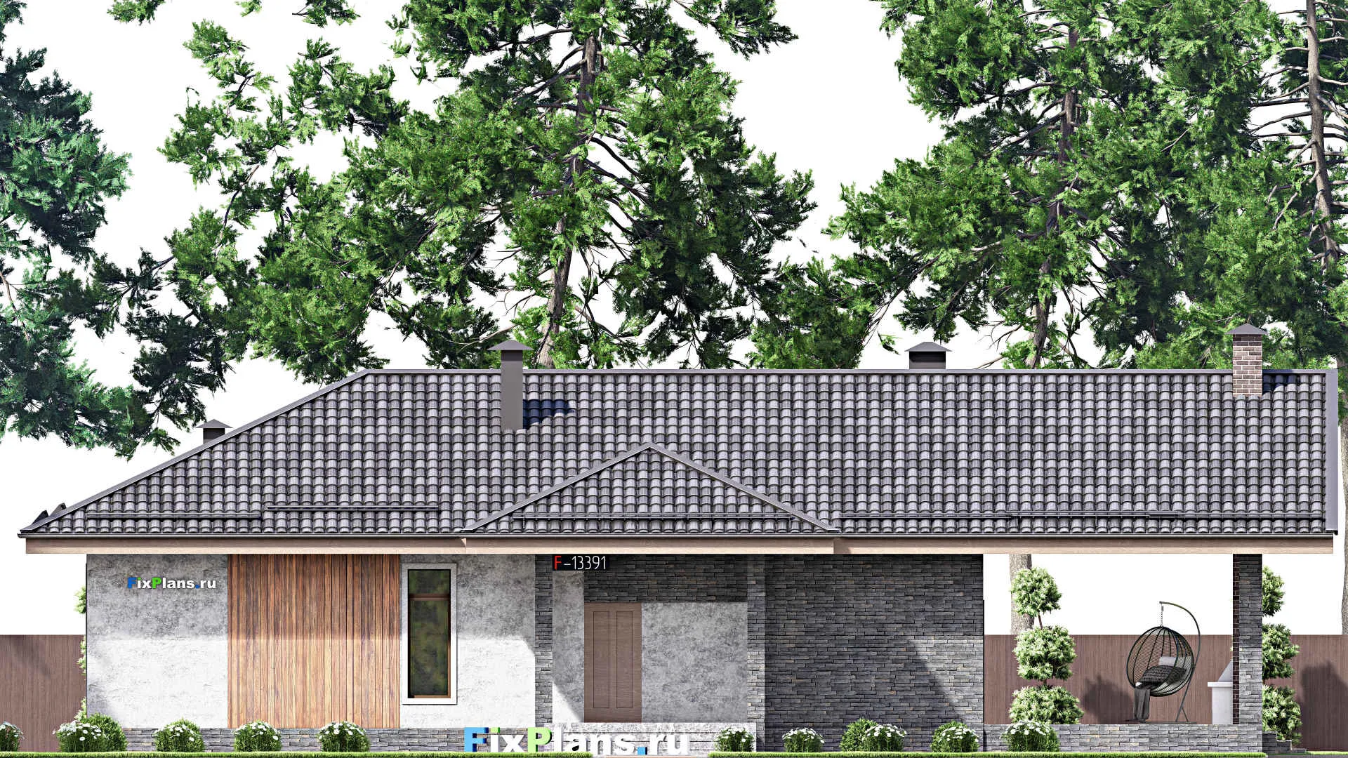 F-13391 - Проект одноэтажного дома 16 на 21, площадью 200 м² с террасой, баней и 3 спальнями