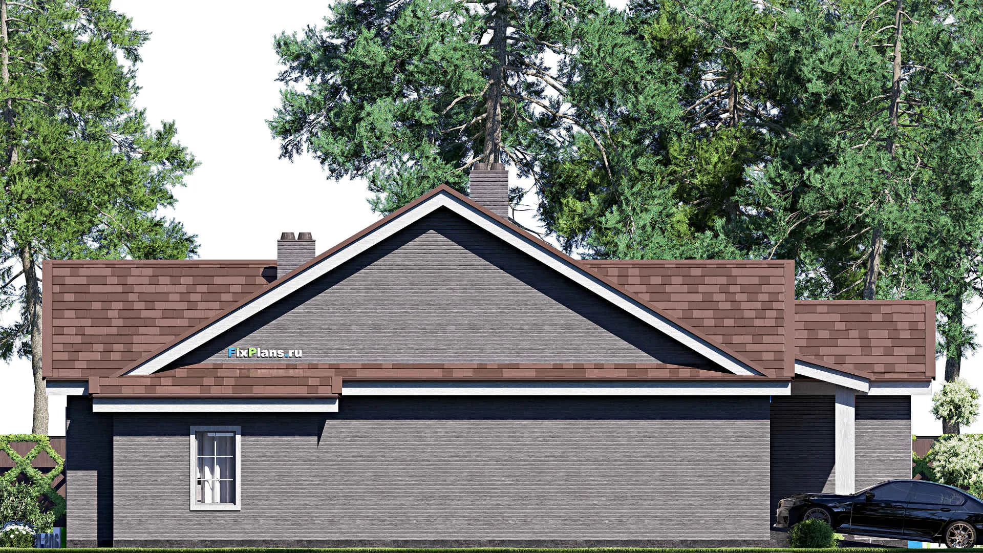 F-17117 - План одноэтажного дома 18 на 23, площадью 270 м² с террасой, гаражом на 2 машины и 4 спальнями