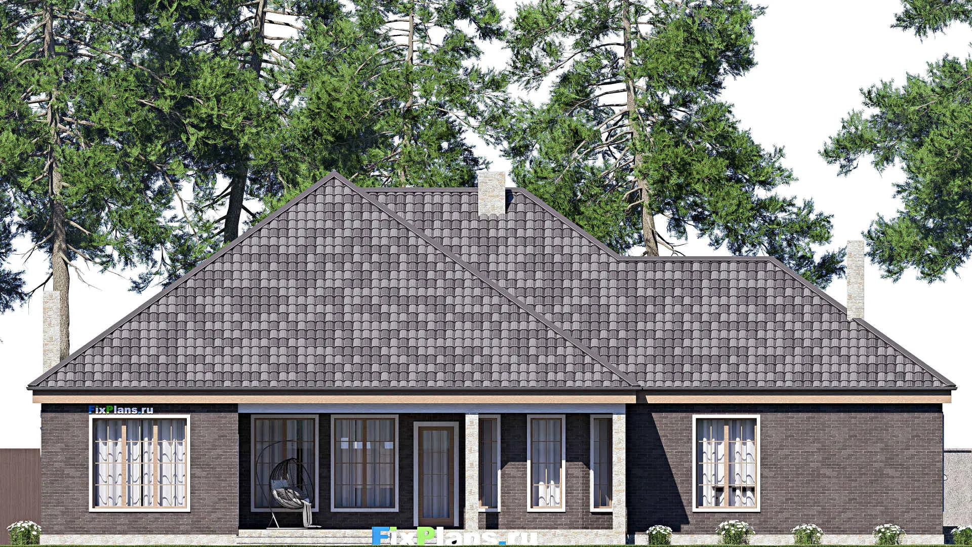 F-17171 - Проект одноэтажного дома 21 на 22, площадью 300 м² с террасой, гаражом на 2 машины и 5 спальнями