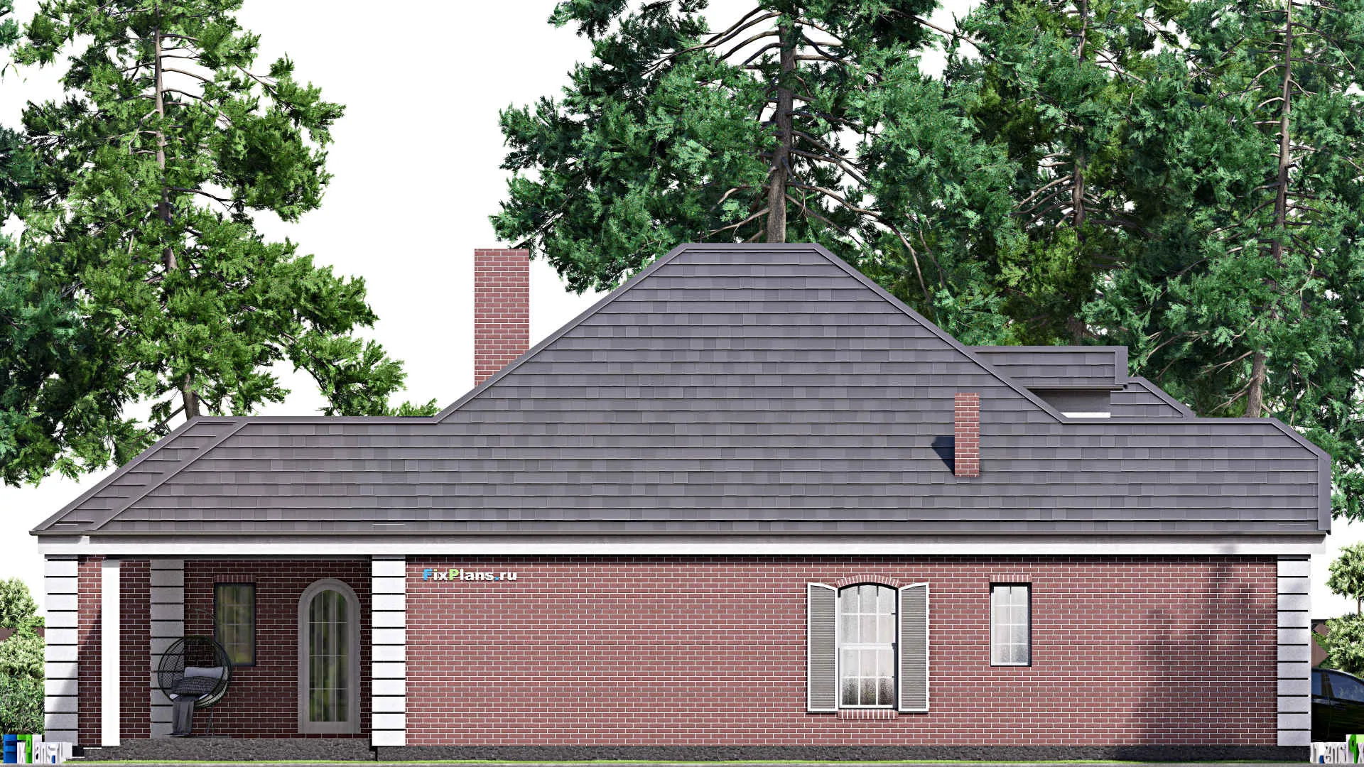 F-16883 - Проект одноэтажного дома 13 на 21, площадью 210 м² с террасой, гаражом на 2 машины и 3 спальнями