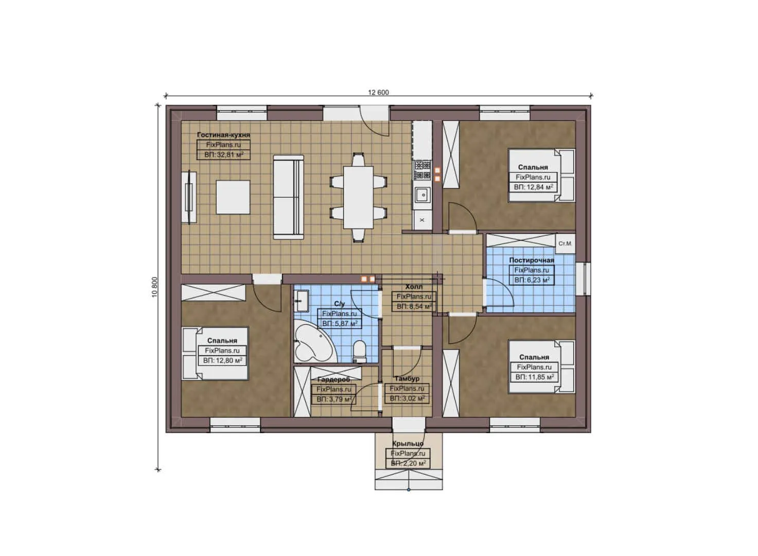 F-9737 - План одноэтажного дома 11 на 13, площадью 100 м² с 3 спальнями