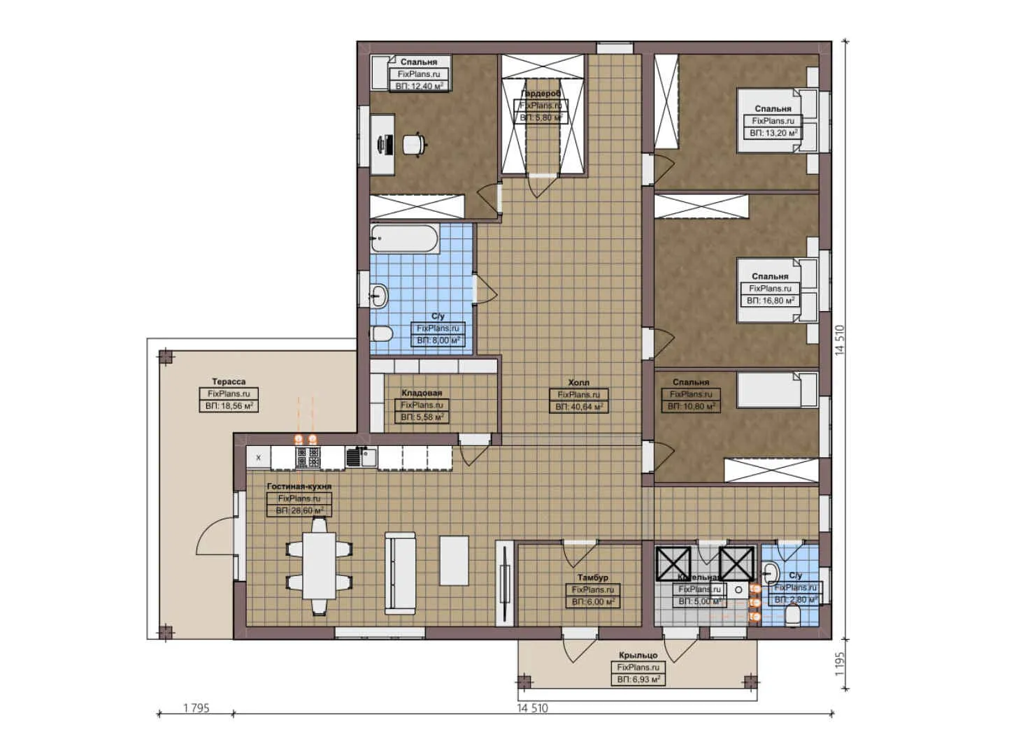 F-4607 - План одноэтажного дома 15 на 15, площадью 190 м² с террасой и 4 спальнями
