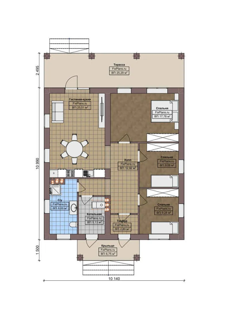 F-4112 - План одноэтажного дома 11 на 11, площадью 130 м² с террасой и 3 спальнями