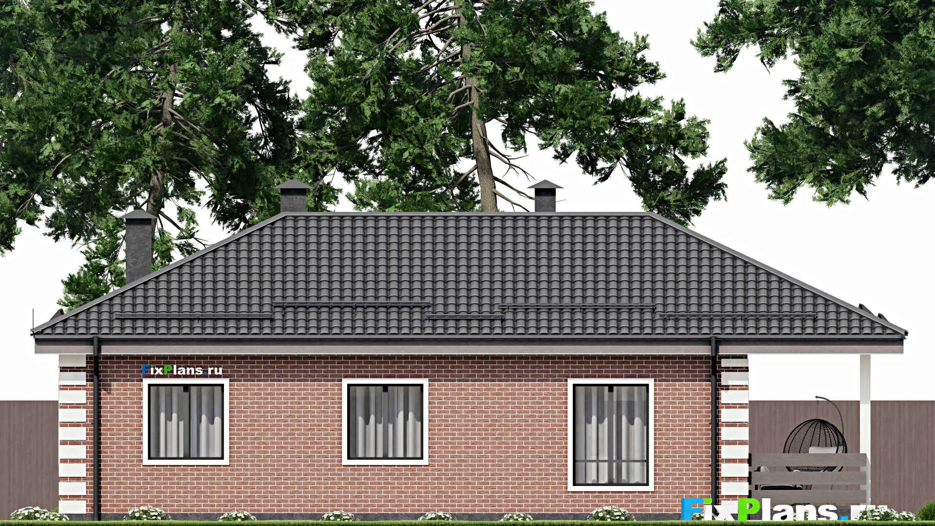 F-5552 - Проект одноэтажного дома 9 на 14, площадью 110 м² с террасой и 3 спальнями