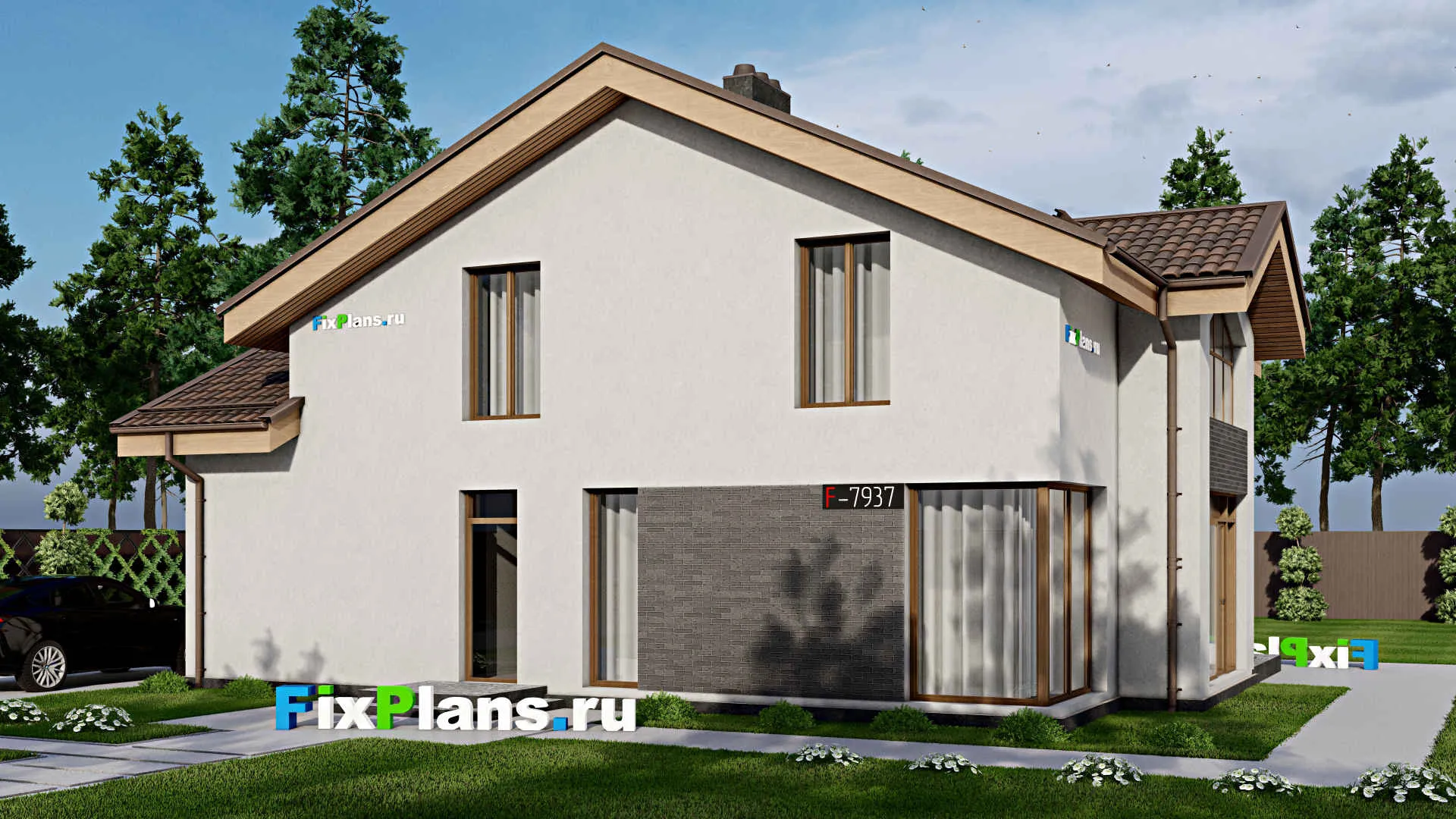 F-7937 - Проект дома с мансардой 11 на 14, площадью 180 м² с террасой и 5 спальнями