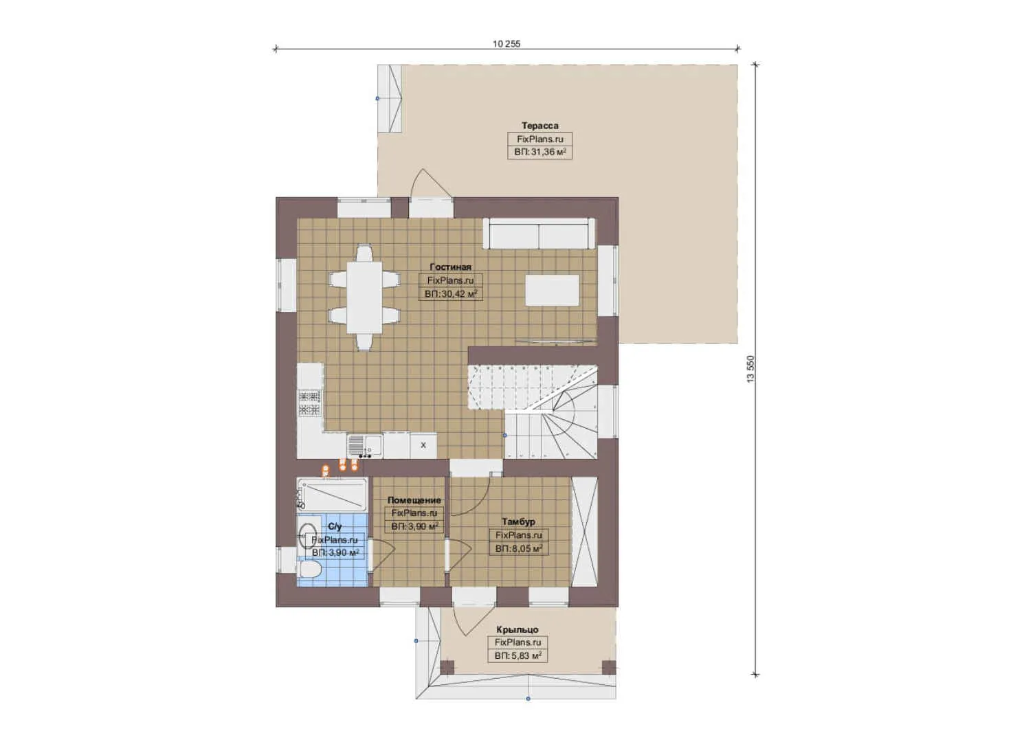 F-14264 - Планы дома с мансардой 11 на 14, площадью 130 м² с террасой и 2 спальнями