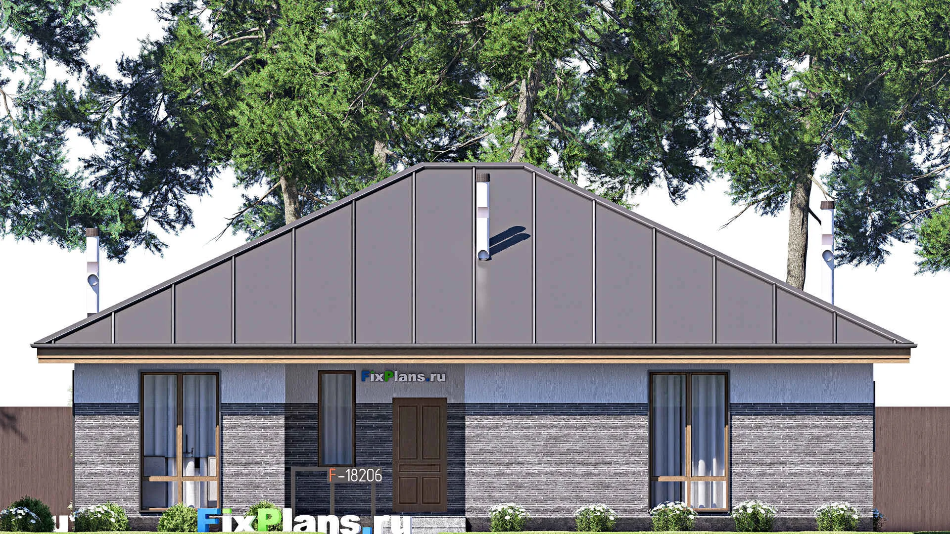 F-18206 - Проект одноэтажного дома 13 на 15, площадью 140 м² с террасой, баней и 3 спальнями