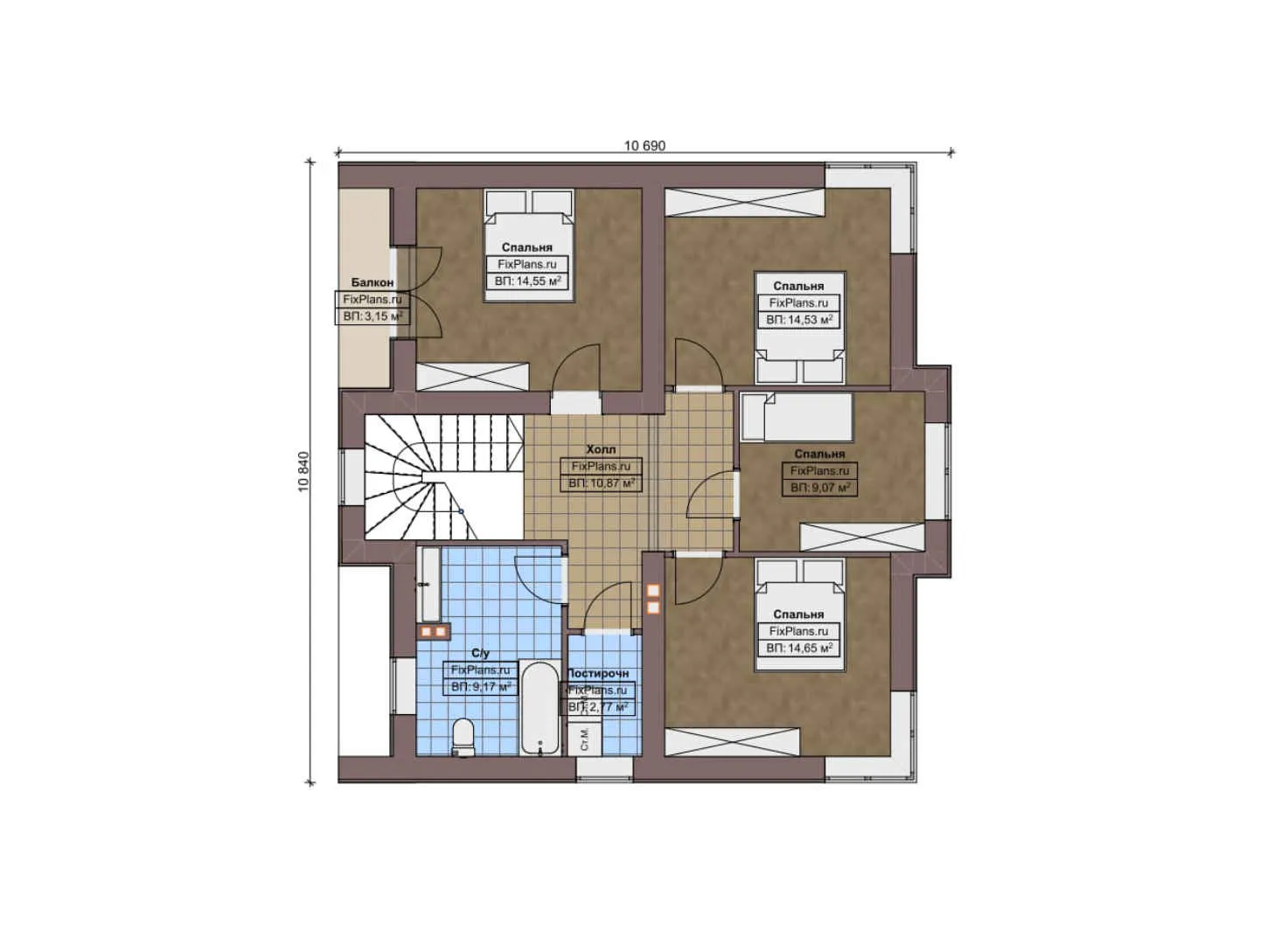 F-10592 - Планы двухэтажного дома 11 на 12, площадью 170 м² с балконом и 5 спальнями