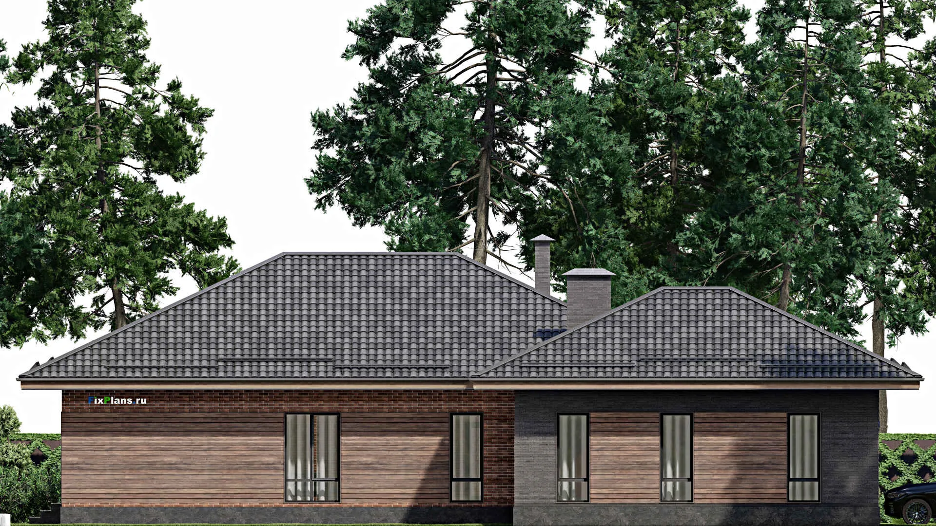 F-2429 - Проект одноэтажного дома 16 на 22, площадью 200 м² с террасой, гаражом на 2 машины и 2 спальнями