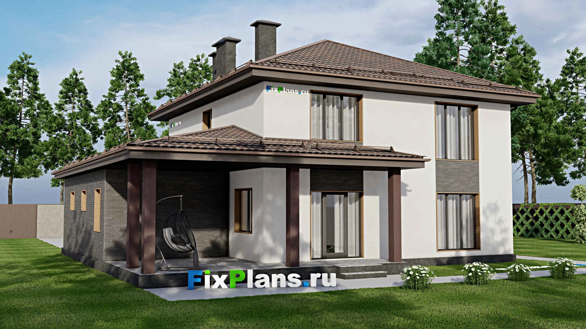 F-8063 - Проект двухэтажного дома 13 на 16, площадью 250 м² с террасой, гаражом на 1 машину и 4 спальнями