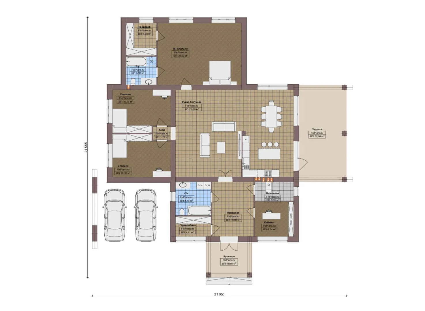 F-20798 - План одноэтажного дома 22 на 22, площадью 250 м² с террасой и 3 спальнями