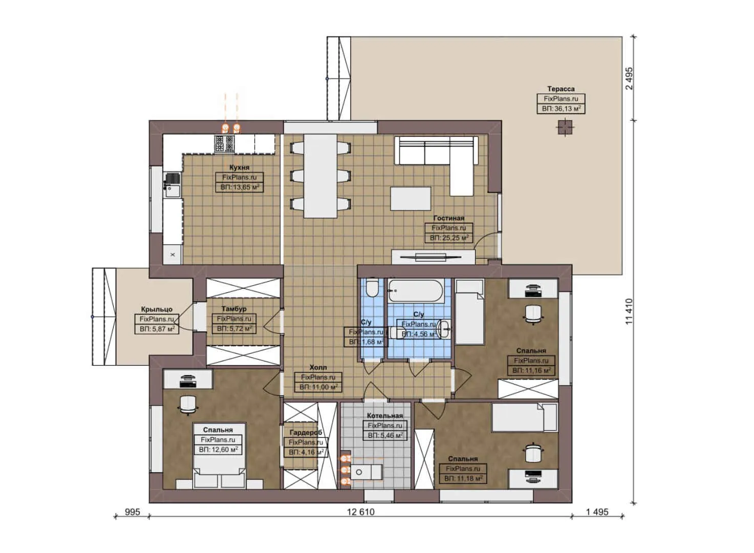 F-6353 - План одноэтажного дома 12 на 13, площадью 150 м² с террасой и 3 спальнями