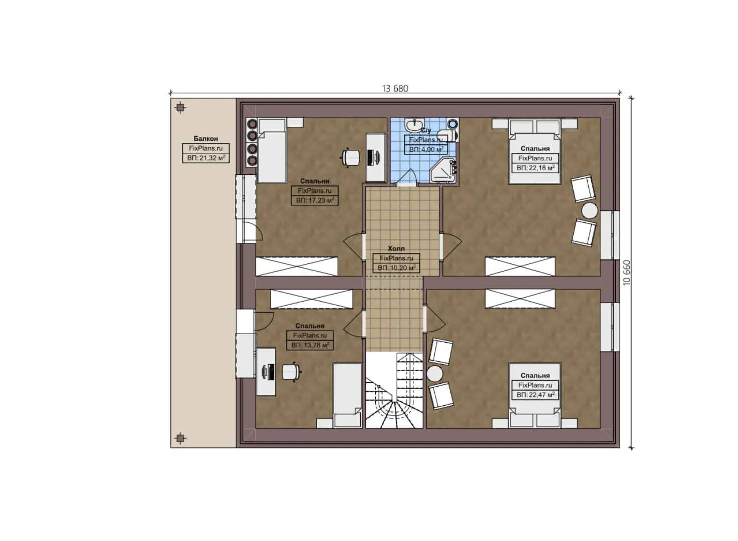 F-2474 - Планы дома с мансардой 11 на 14, площадью 230 м² с террасой, балконом и 5 спальнями