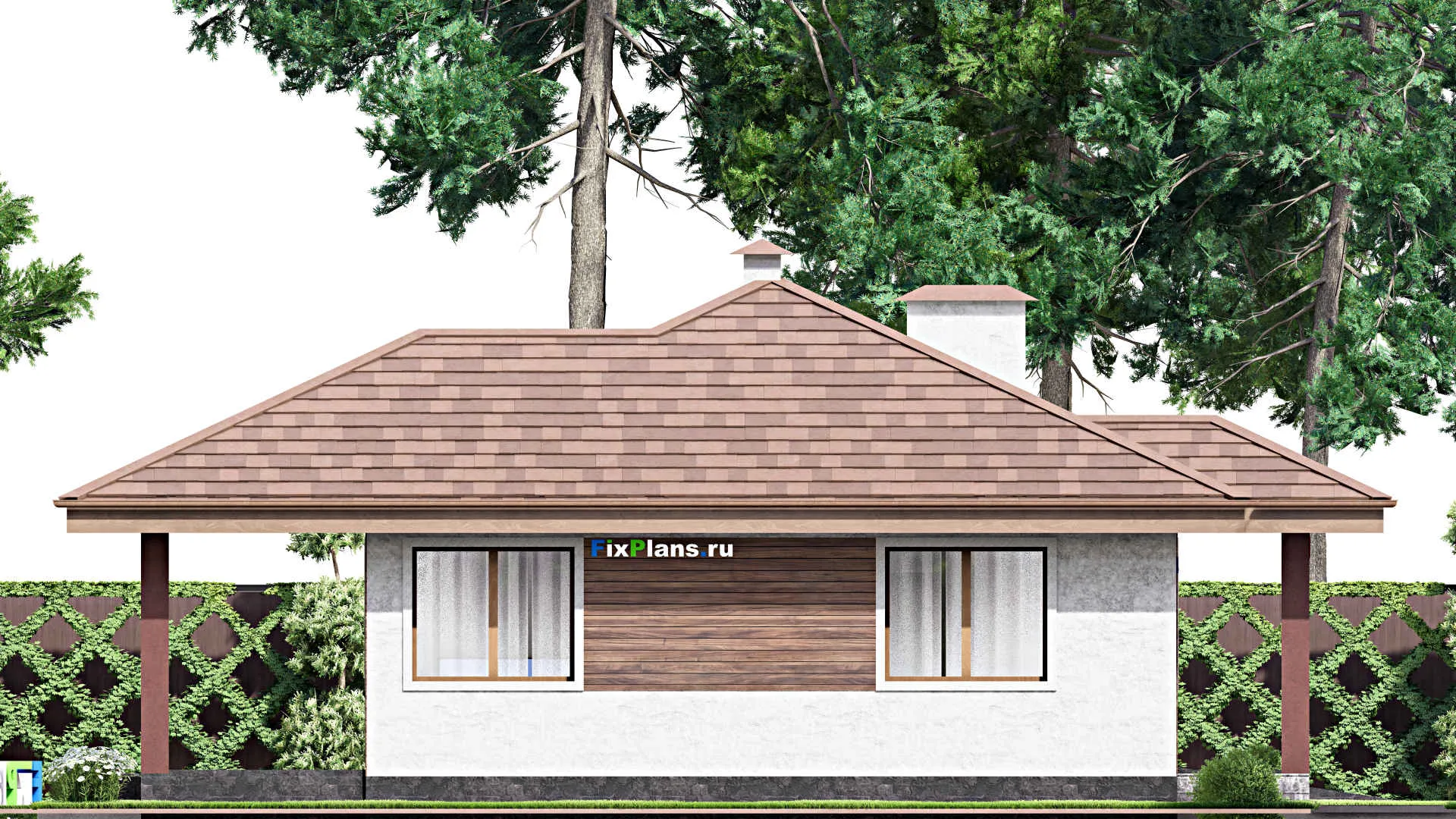 F-13634 - Проект одноэтажного дома 13 на 16, площадью 120 м² с террасой, гаражом на 1 машину и 2 спальнями