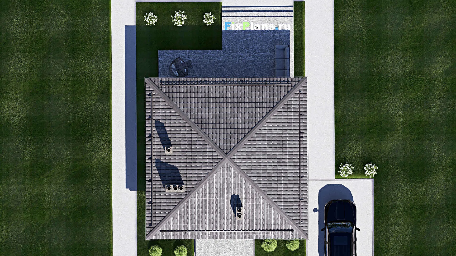 F-16442 - План одноэтажного дома 9 на 15, площадью 90 м² с террасой и 1 спальнями