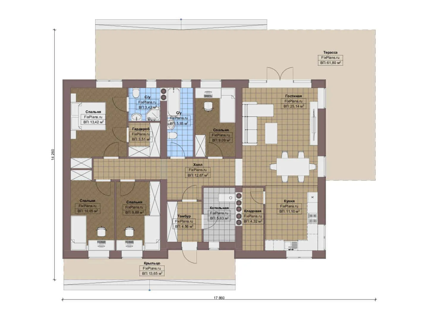 F-16127 - Планы дома с мансардой 15 на 18, площадью 200 м² с террасой и 4 спальнями