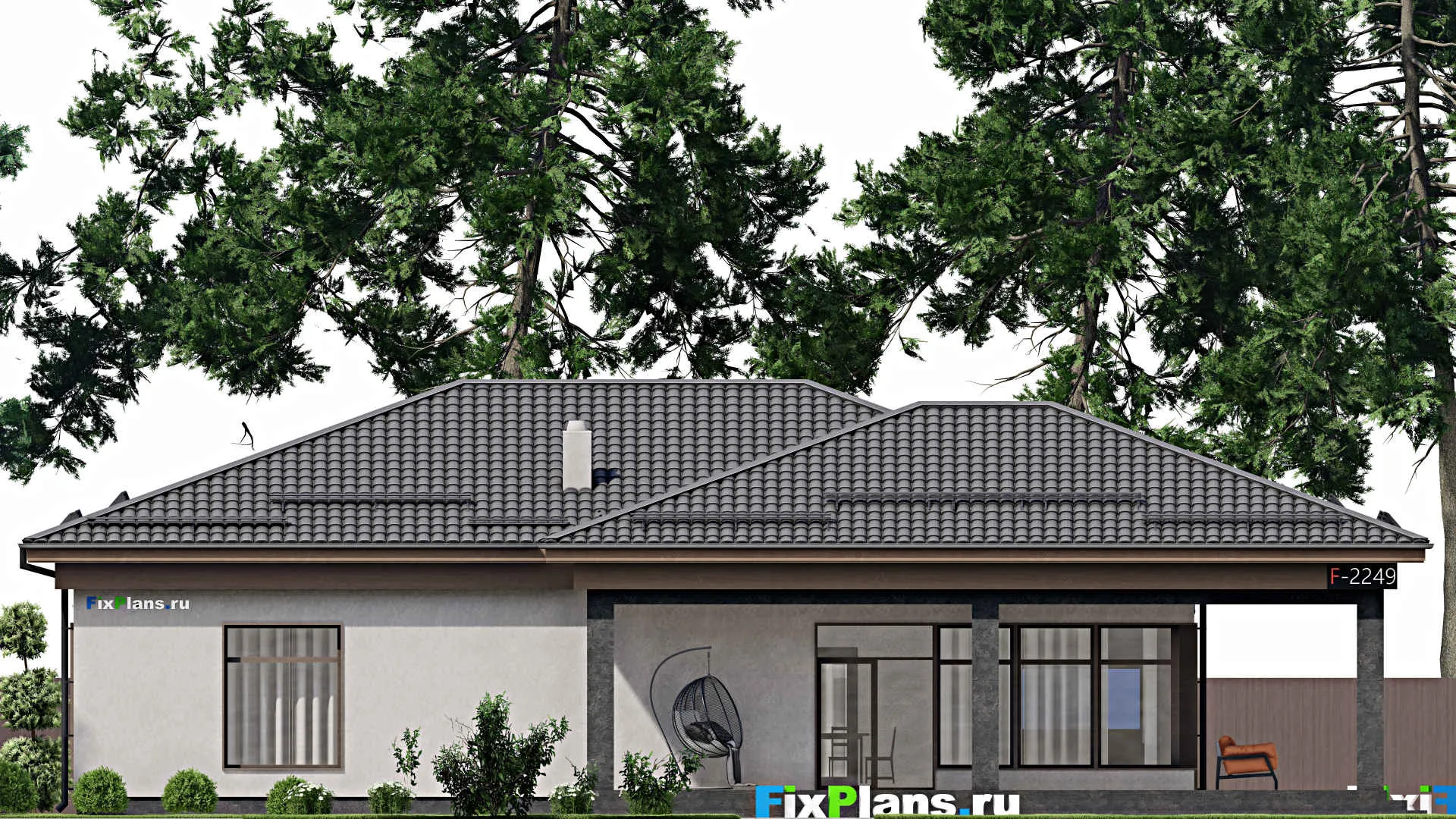 F-2249 - Проект одноэтажного дома 12 на 17, площадью 210 м² с террасой и 3 спальнями