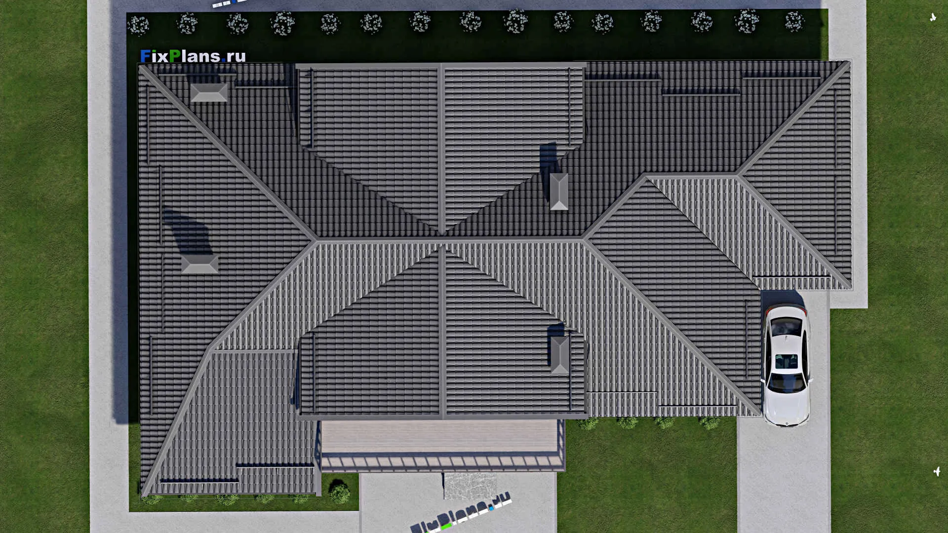 F-3779 - Проект дома с мансардой 15 на 26, площадью 400 м² с террасой, балконом, баней, гаражом на 1 машину и 3 спальнями
