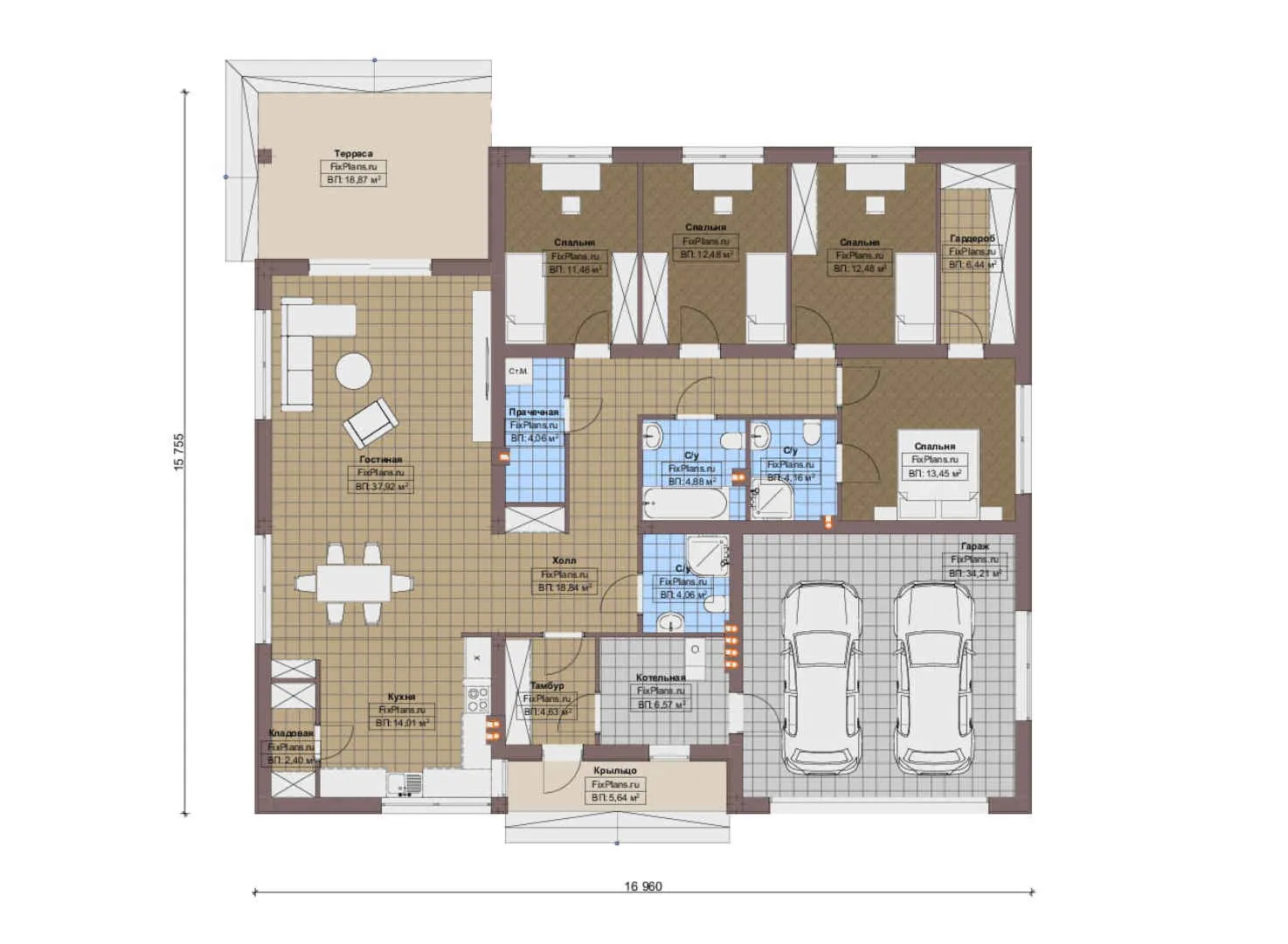 F-16082 - План одноэтажного дома 16 на 17, площадью 220 м² с террасой, гаражом на 1 машину и 4 спальнями