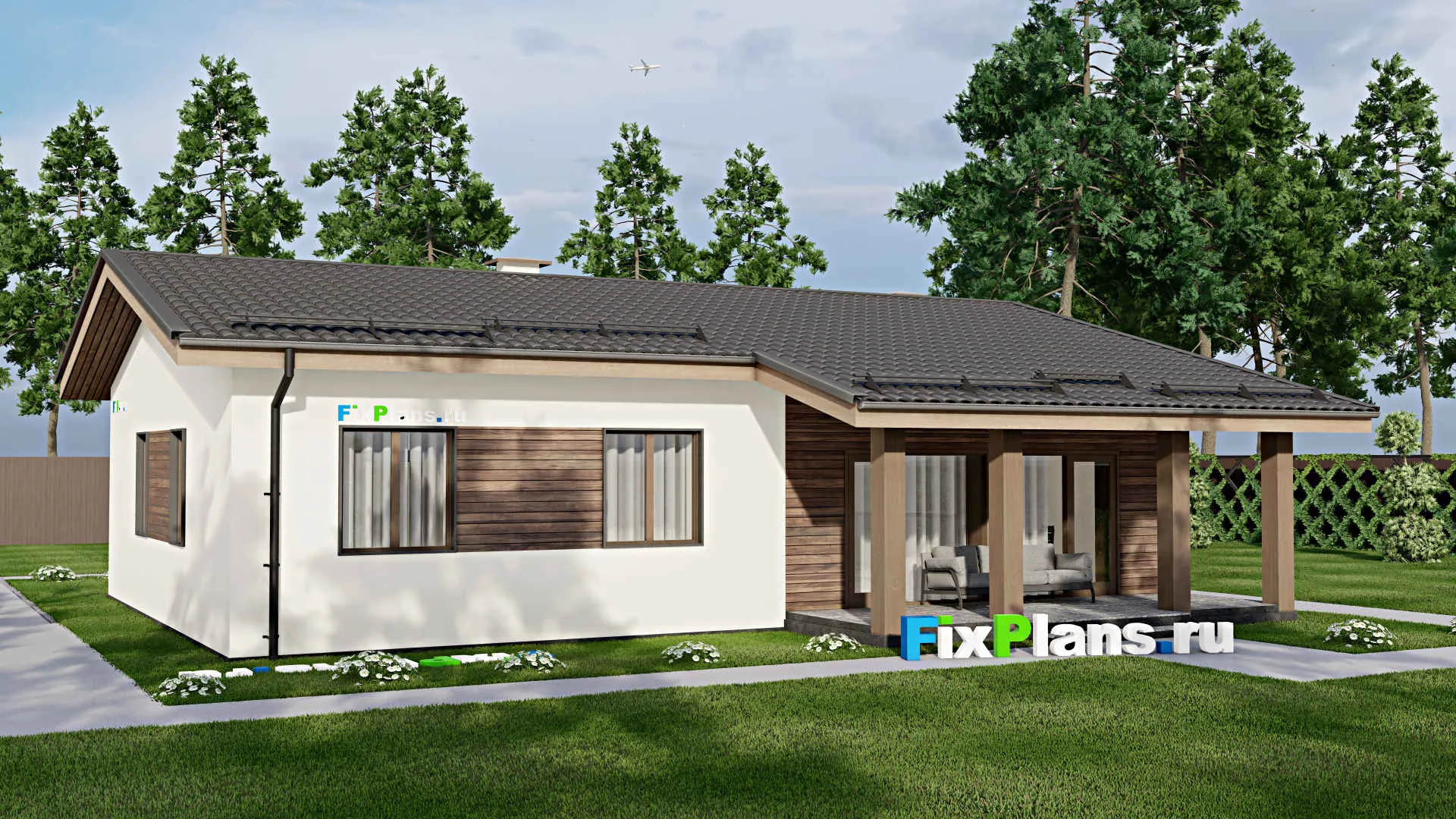 F-4544 - Проект одноэтажного дома 10 на 14, площадью 140 м² с террасой и 3 спальнями