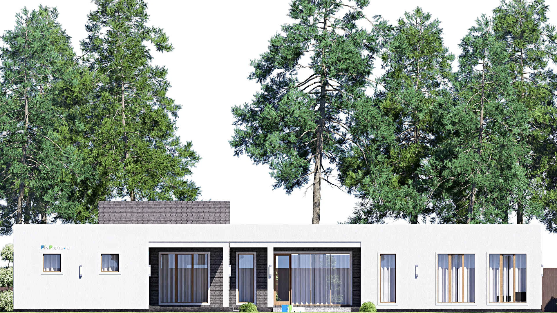 F-18908 - Проект одноэтажного дома 28 на 28, площадью 310 м² с террасой, баней, гаражом на 2 машины и 3 спальнями