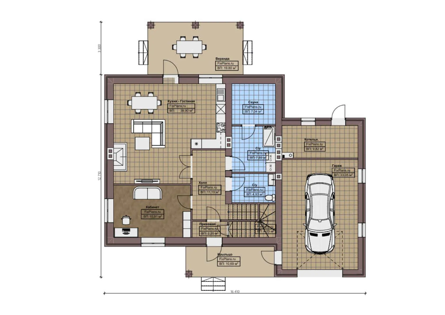 F-1493 - Планы двухэтажного дома 13 на 17, площадью 260 м² с террасой, баней, гаражом на 1 машину и 3 спальнями