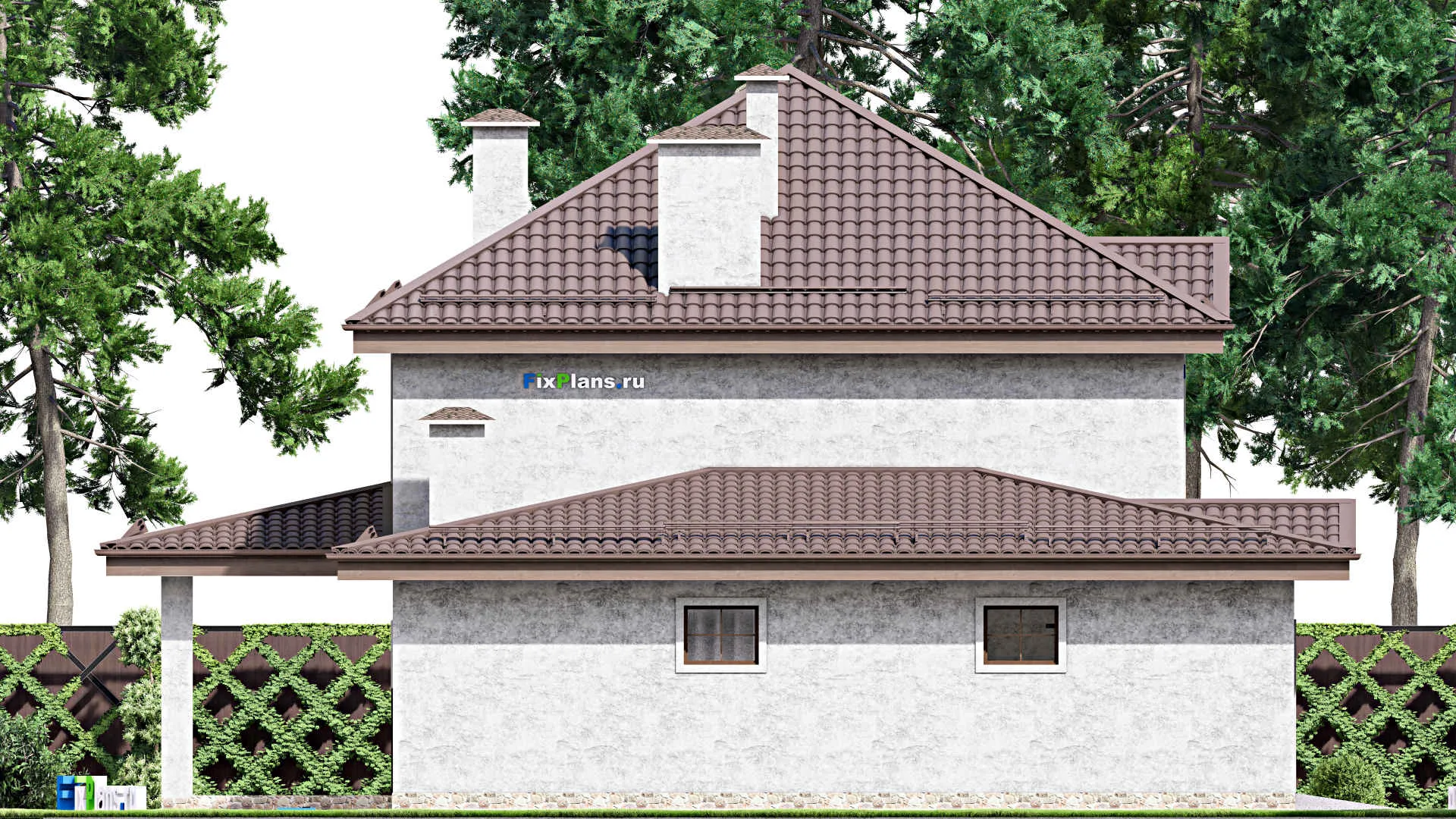 F-13436 - Планы двухэтажного дома 14 на 15, площадью 210 м² с террасой, баней, гаражом на 1 машину и 3 спальнями