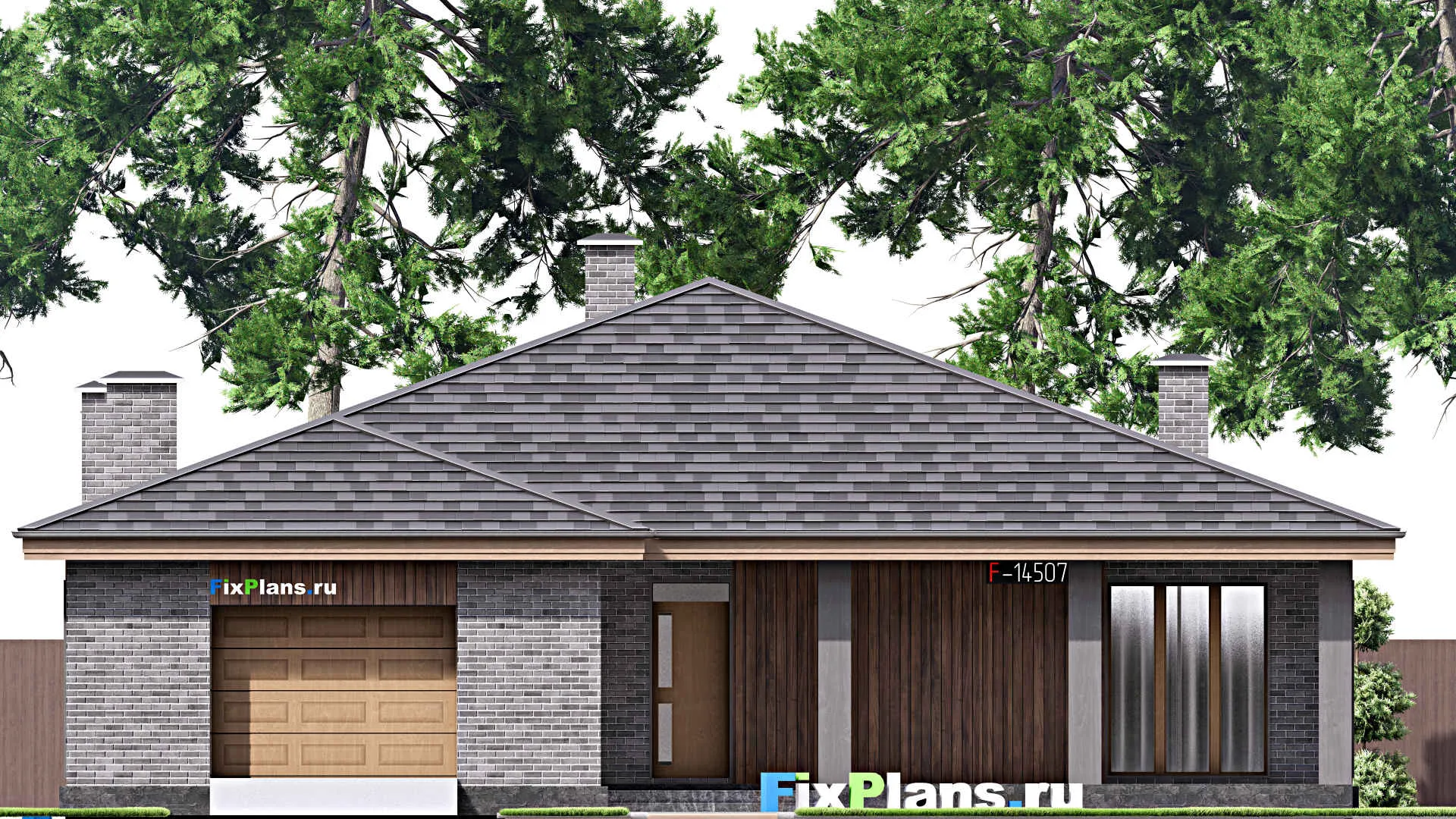 F-14507 - Проект одноэтажного дома 16 на 25, площадью 300 м² с террасой, гаражом на 2 машины и 4 спальнями