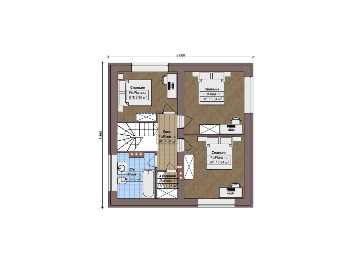 F-5282 - Планы дома с мансардой 13 на 14, площадью 150 м² с террасой, гаражом на 1 машину и 4 спальнями
