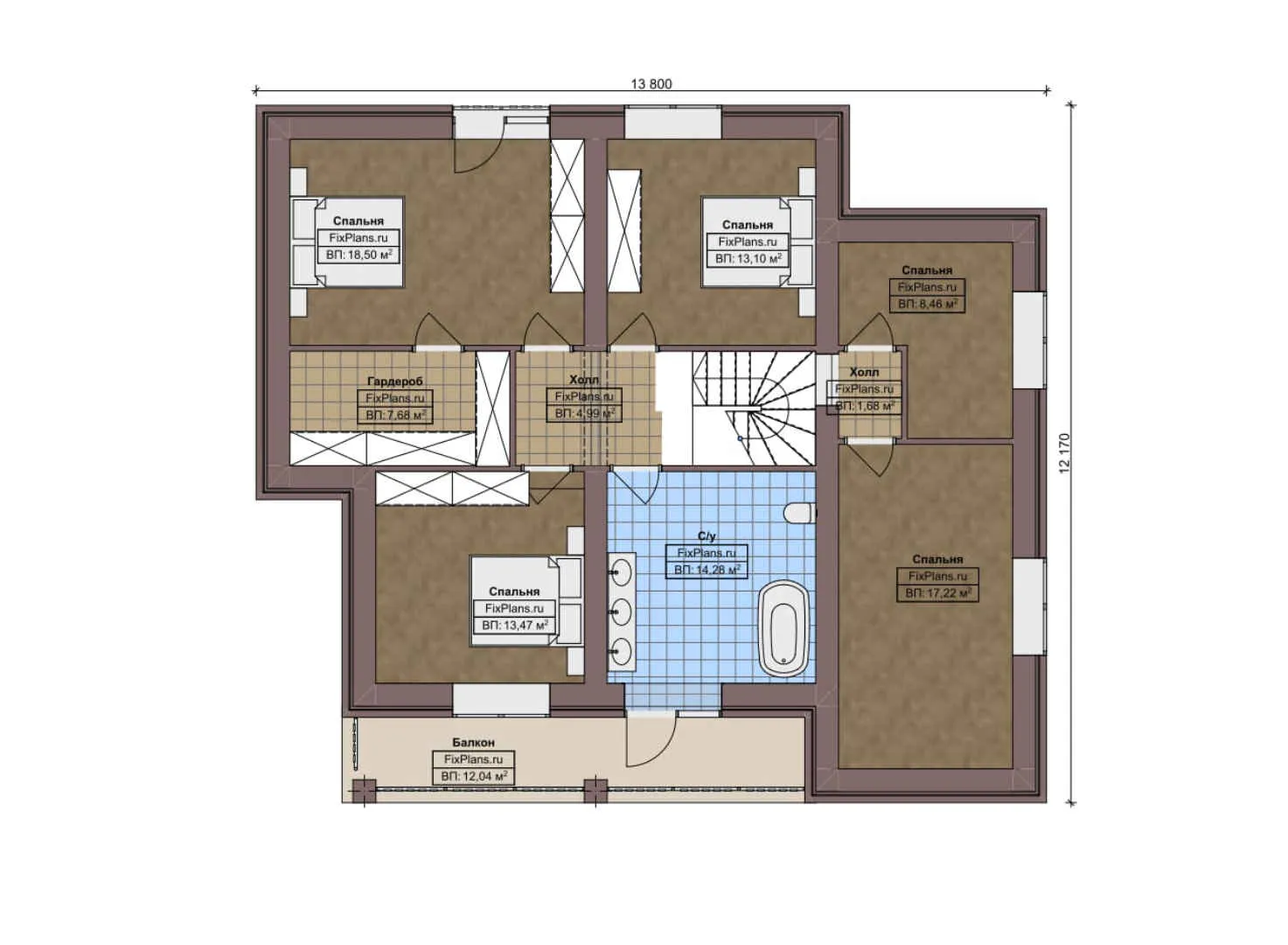 F-8513 - Планы дома с мансардой 13 на 16, площадью 250 м² с террасой, балконом, гаражом на 1 машину и 6 спальнями
