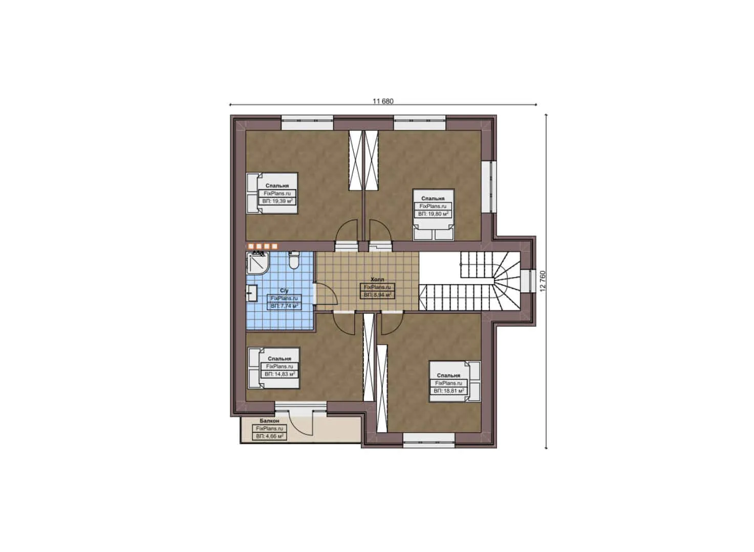 F-5813 - Планы двухэтажного дома 13 на 15, площадью 270 м² с террасой, балконом, гаражом на 2 машины и 5 спальнями